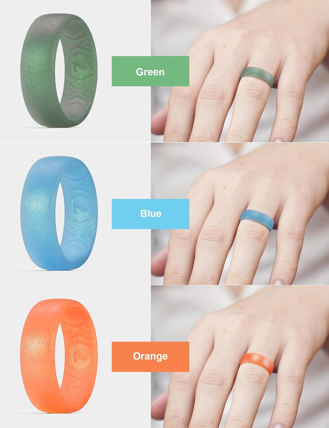 imageKing Will Silicone Wedding Band for Men Women 18mm Ultra Thin Ring 3 Packs in CamouflageUnique Pattern Comfort Grip Inner Design Hypoallergenic Rubber Ring for Gym Work Travel Size 713Green Blue Orange