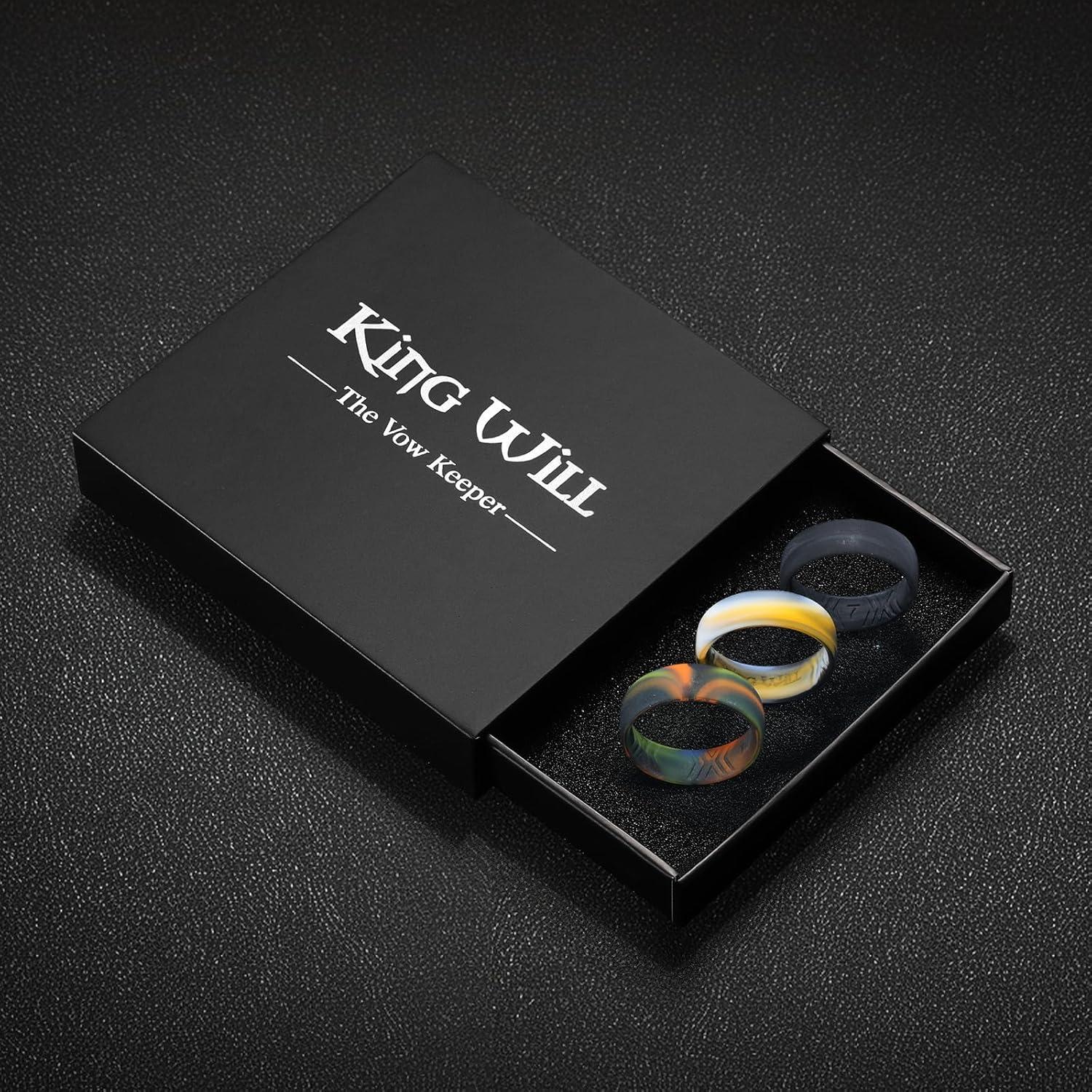 imageKing Will Silicone Wedding Band for Men Women 18mm Ultra Thin Ring 3 Packs in CamouflageUnique Pattern Comfort Grip Inner Design Hypoallergenic Rubber Ring for Gym Work Travel Size 713Camouflage