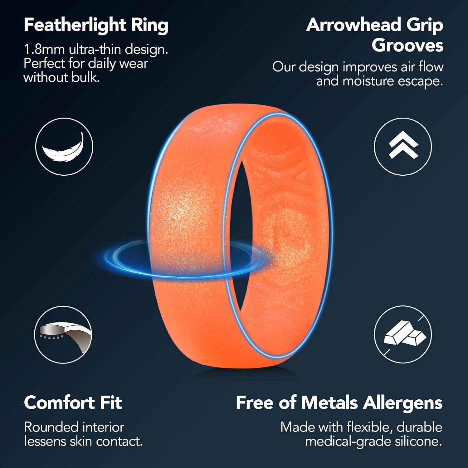 imageKing Will Silicone Wedding Band for Men Women 18mm Ultra Thin Ring 3 Packs in CamouflageUnique Pattern Comfort Grip Inner Design Hypoallergenic Rubber Ring for Gym Work Travel Size 713Orange