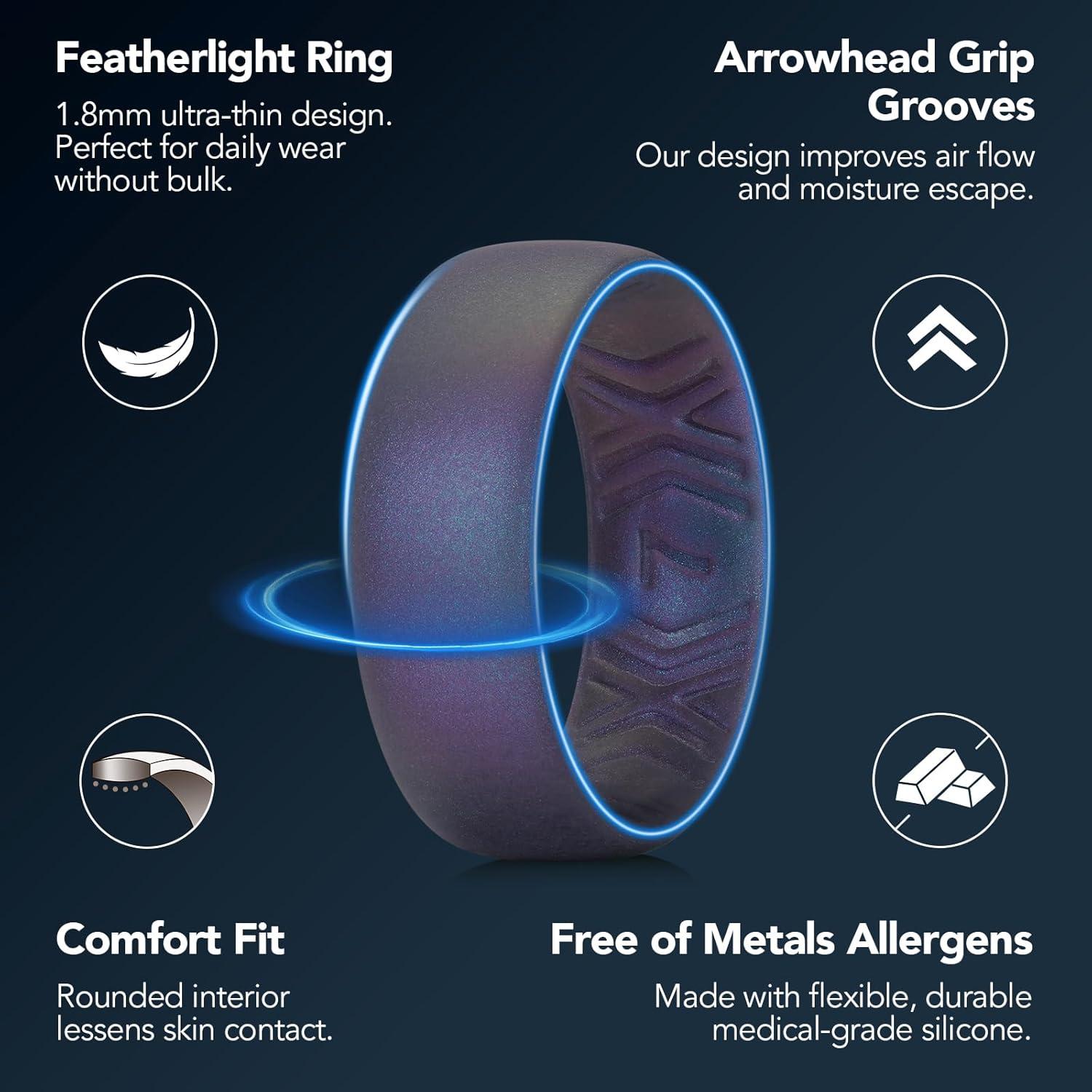 imageKing Will Silicone Wedding Band for Men Women 18mm Ultra Thin Ring 3 Packs in CamouflageUnique Pattern Comfort Grip Inner Design Hypoallergenic Rubber Ring for Gym Work Travel Size 713Green Purple