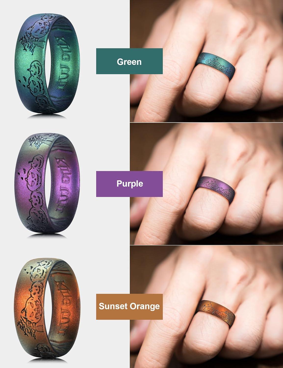 imageKing Will Silicone Wedding Band for Men Women 18mm Ultra Thin Ring 3 Packs in CamouflageUnique Pattern Comfort Grip Inner Design Hypoallergenic Rubber Ring for Gym Work Travel Size 713Pumpkin3 Packs