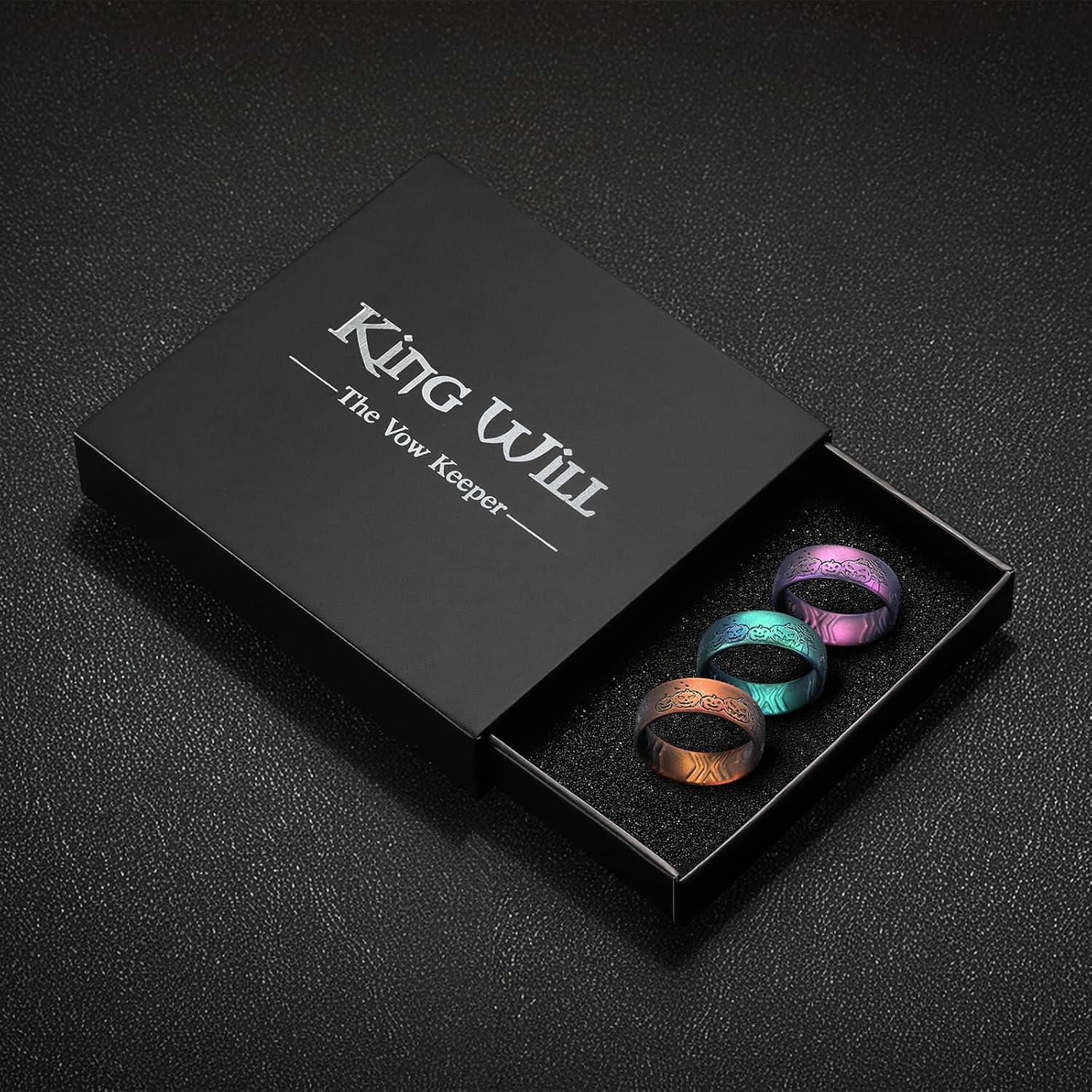 imageKing Will Silicone Wedding Band for Men Women 18mm Ultra Thin Ring 3 Packs in CamouflageUnique Pattern Comfort Grip Inner Design Hypoallergenic Rubber Ring for Gym Work Travel Size 713Pumpkin3 Packs