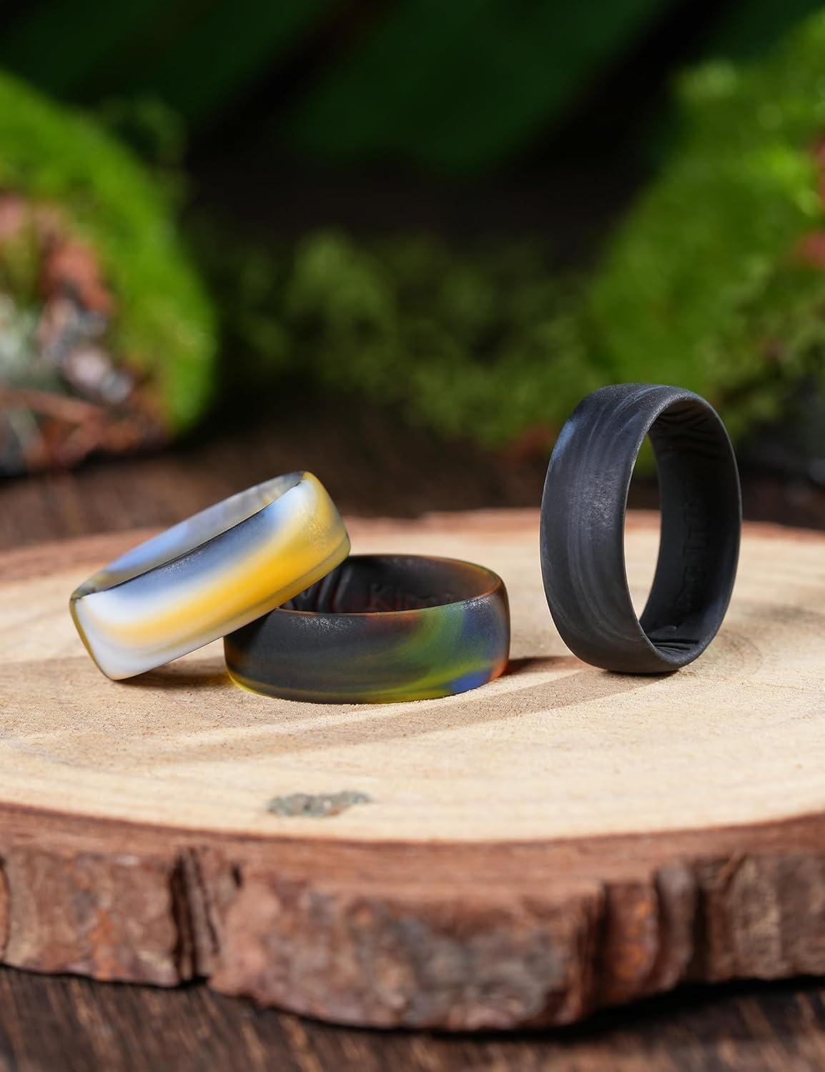 imageKing Will Silicone Wedding Band for Men Women 18mm Ultra Thin Ring 3 Packs in CamouflageUnique Pattern Comfort Grip Inner Design Hypoallergenic Rubber Ring for Gym Work Travel Size 713Camouflage