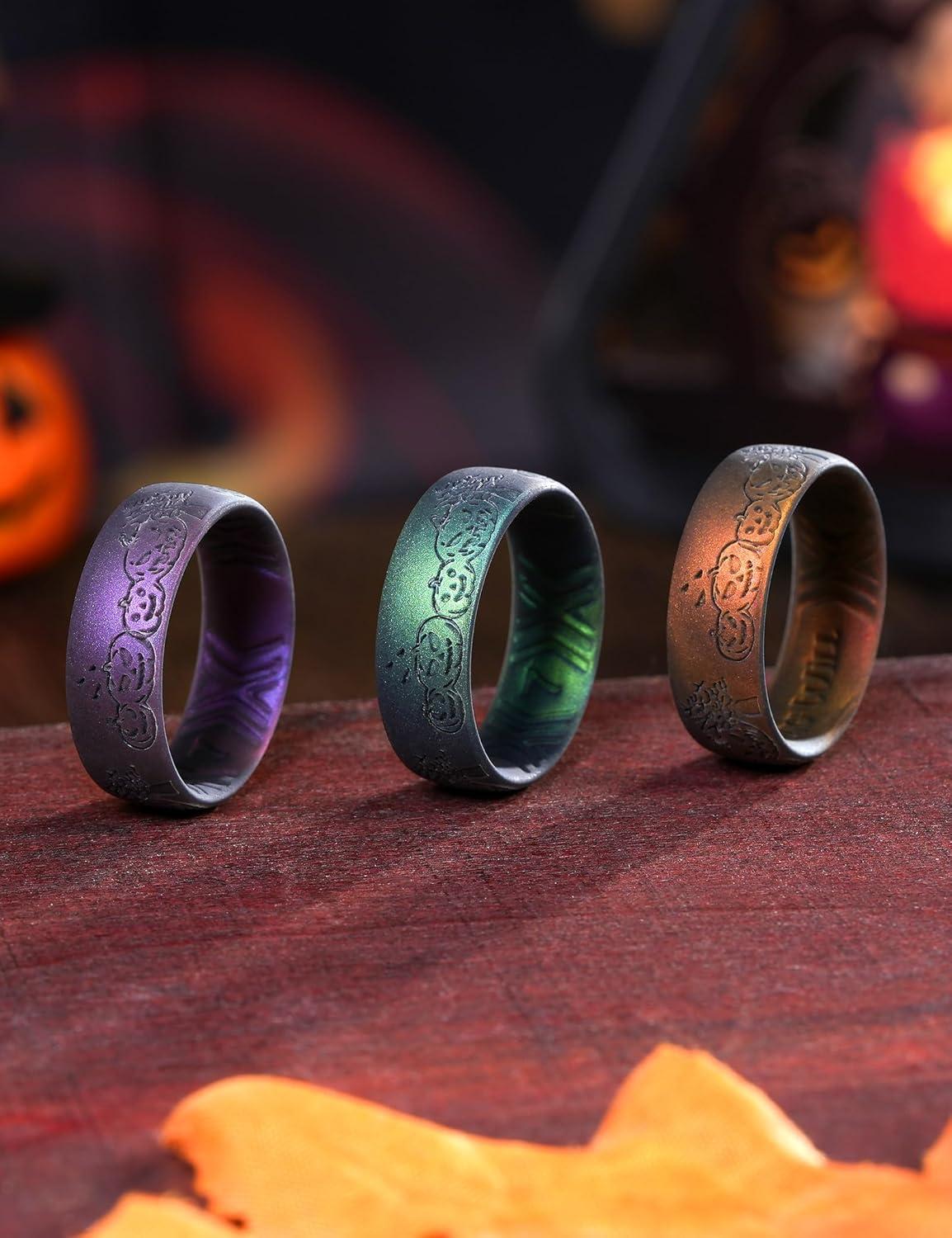 imageKing Will Silicone Wedding Band for Men Women 18mm Ultra Thin Ring 3 Packs in CamouflageUnique Pattern Comfort Grip Inner Design Hypoallergenic Rubber Ring for Gym Work Travel Size 713Pumpkin3 Packs