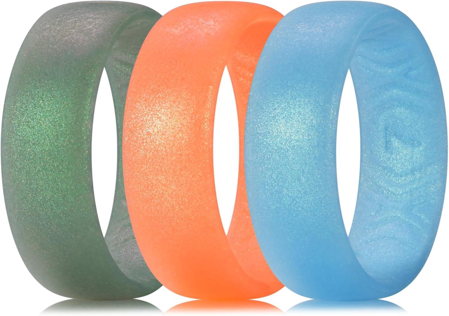 imageKing Will Silicone Wedding Band for Men Women 18mm Ultra Thin Ring 3 Packs in CamouflageUnique Pattern Comfort Grip Inner Design Hypoallergenic Rubber Ring for Gym Work Travel Size 713Green Blue Orange