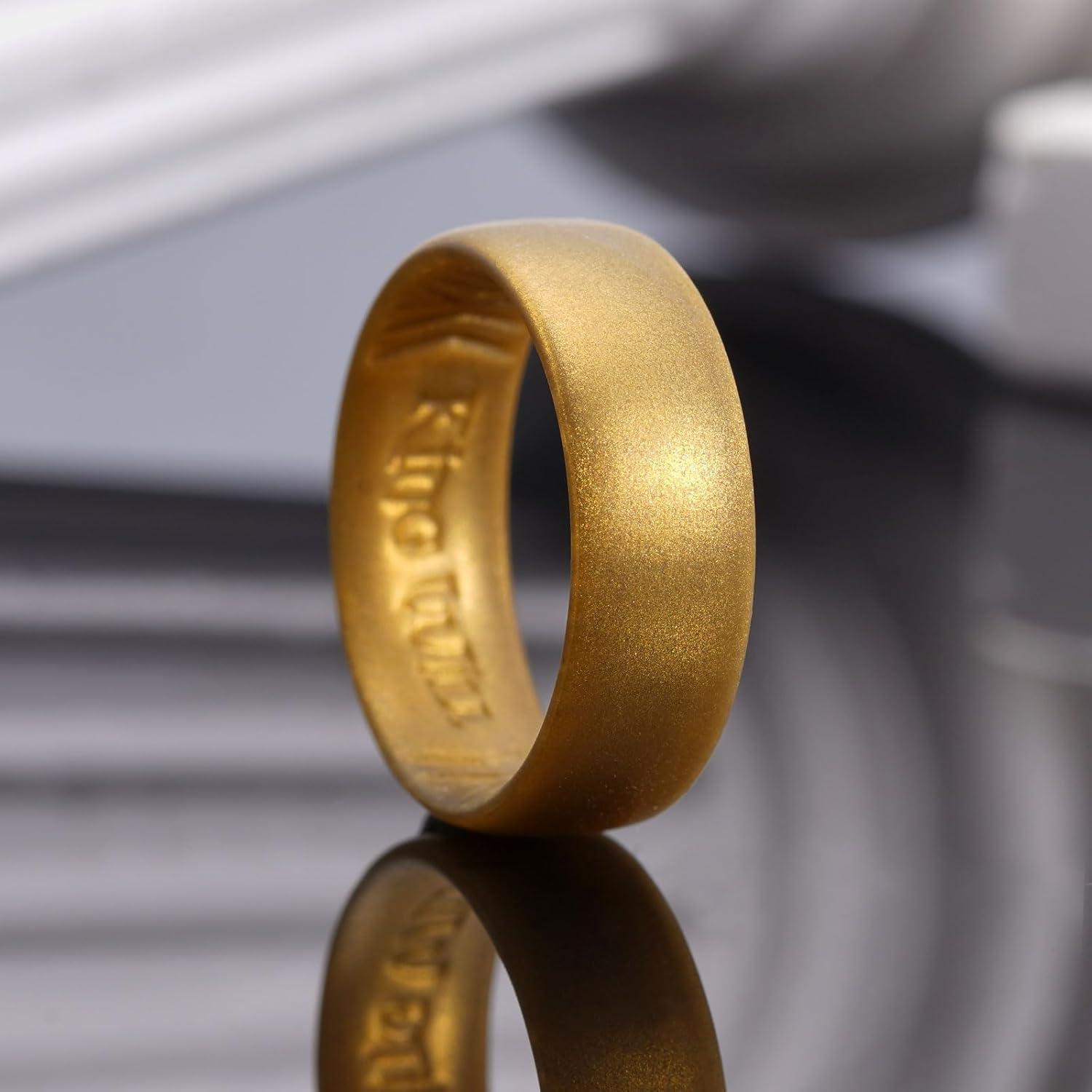 imageKing Will Silicone Wedding Band for Men Women 18mm Ultra Thin Ring with Metallic Shimmer Comfort Grip Inner Design Hypoallergenic Rubber Wedding Ring for Gym Work Travel Size 714Golden Brown