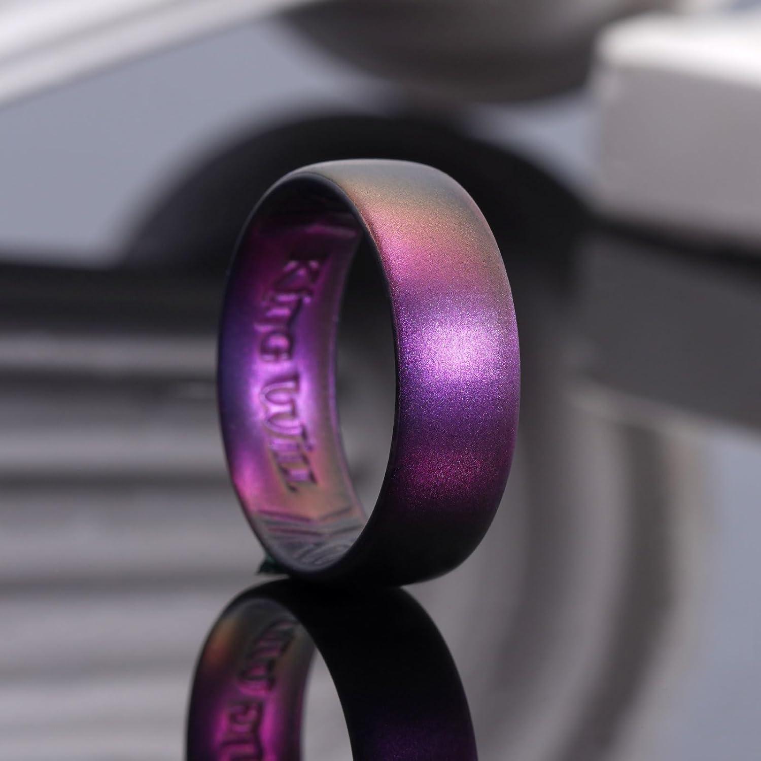 imageKing Will Silicone Wedding Band for Men Women 18mm Ultra Thin Ring with Metallic Shimmer Comfort Grip Inner Design Hypoallergenic Rubber Wedding Ring for Gym Work Travel Size 714Starry Sky Purple