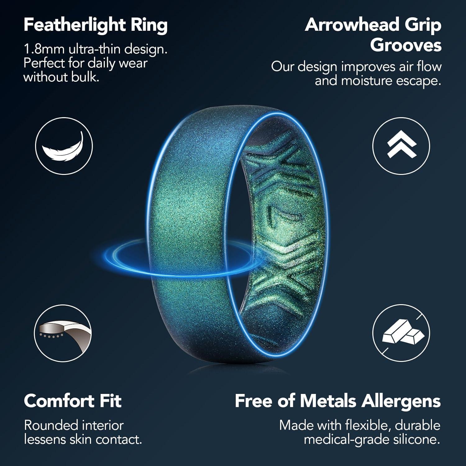 imageKing Will Silicone Wedding Band for Men Women 18mm Ultra Thin Ring with Metallic Shimmer Comfort Grip Inner Design Hypoallergenic Rubber Wedding Ring for Gym Work Travel Size 714Starry Green