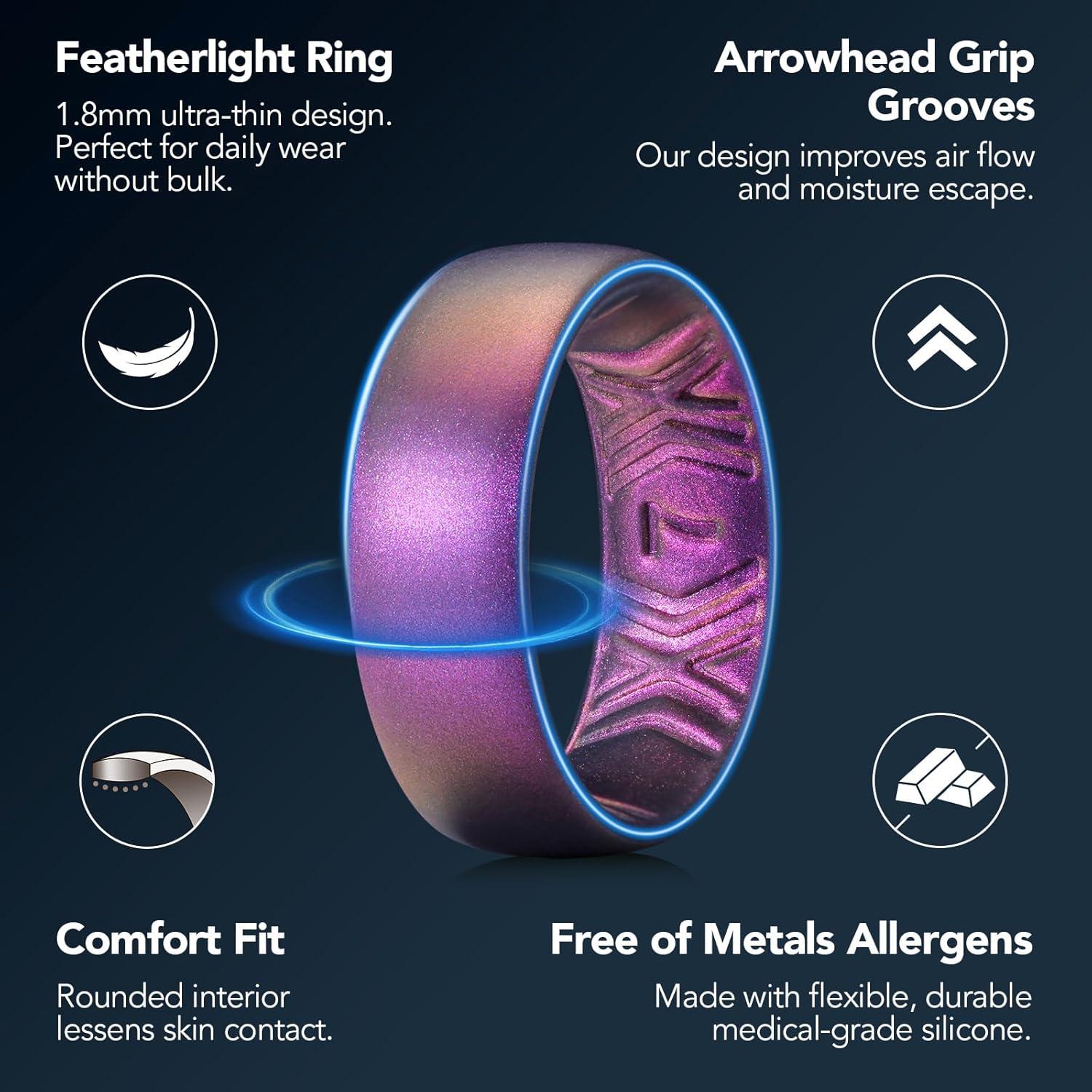 imageKing Will Silicone Wedding Band for Men Women 18mm Ultra Thin Ring with Metallic Shimmer Comfort Grip Inner Design Hypoallergenic Rubber Wedding Ring for Gym Work Travel Size 714Starry Sky Purple