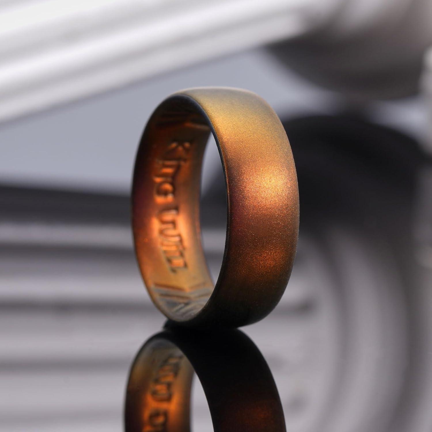imageKing Will Silicone Wedding Band for Men Women 18mm Ultra Thin Ring with Metallic Shimmer Comfort Grip Inner Design Hypoallergenic Rubber Wedding Ring for Gym Work Travel Size 714Sunset Orange