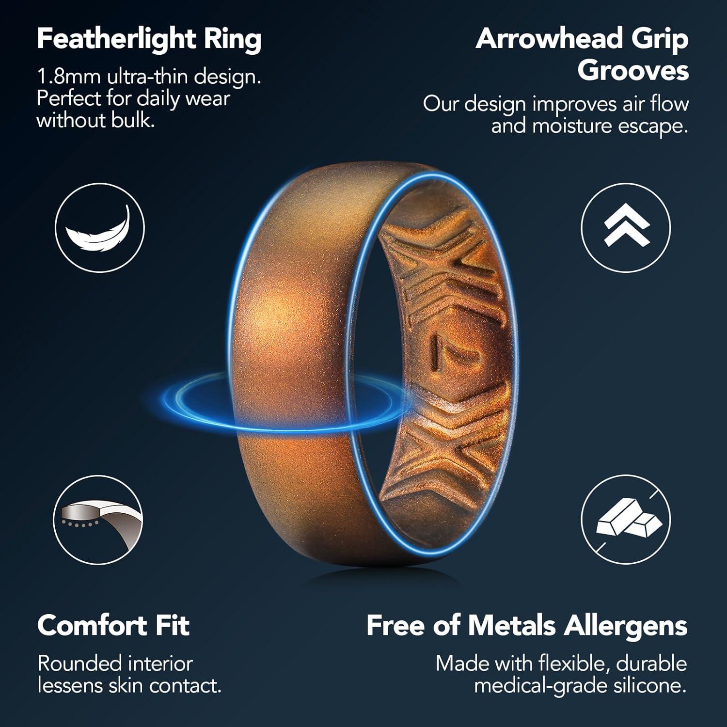 imageKing Will Silicone Wedding Band for Men Women 18mm Ultra Thin Ring with Metallic Shimmer Comfort Grip Inner Design Hypoallergenic Rubber Wedding Ring for Gym Work Travel Size 714OrangeBrown