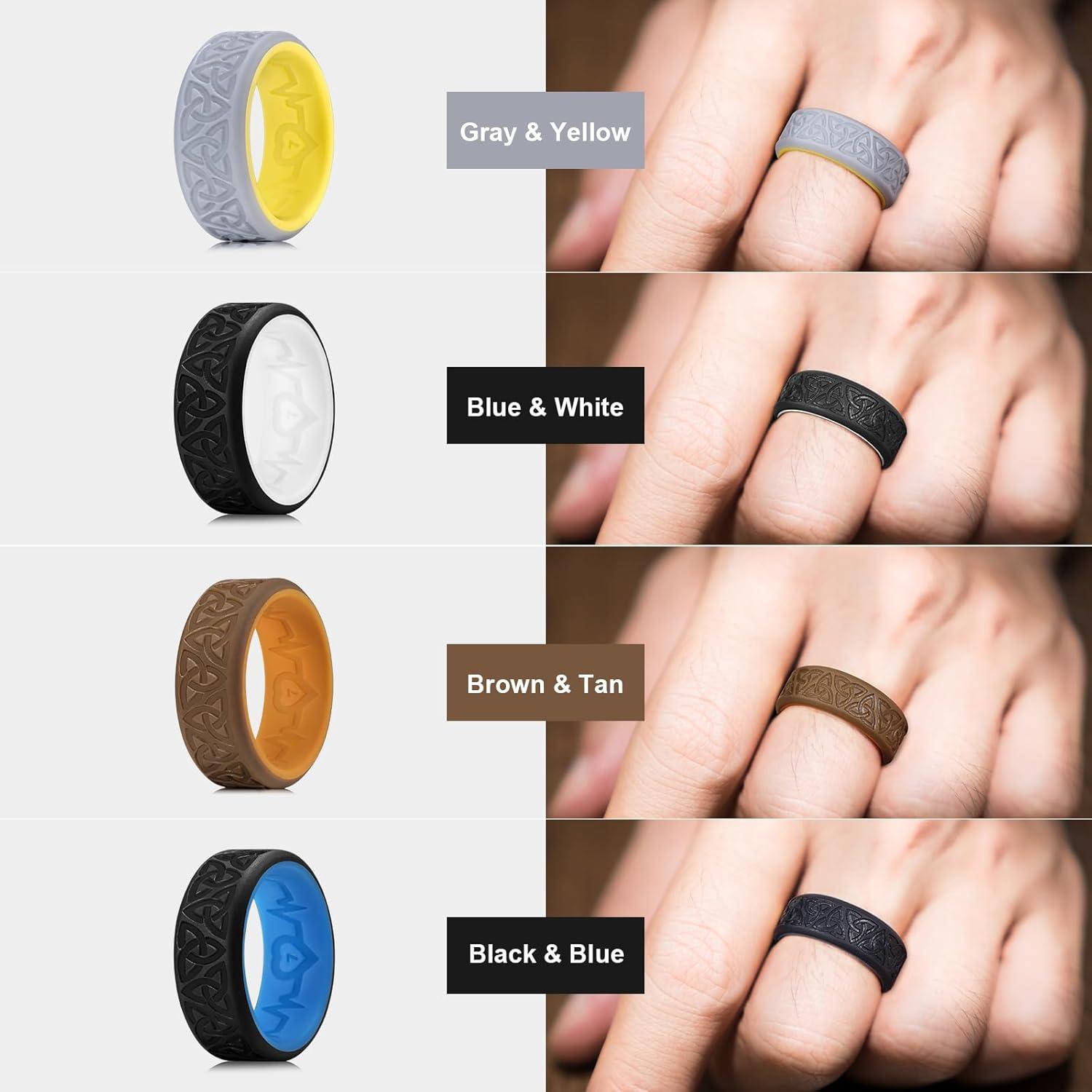 imageKing Will Silicone Wedding Rings For Men 4 Pack Rubber Wedding Bands with Celtic Knot Pattern 8mm Wide 22mm Thick Comfort Fit Size 10