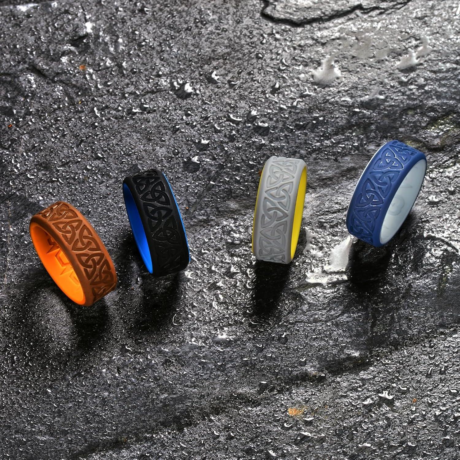 imageKing Will Silicone Wedding Rings For Men 4 Pack Rubber Wedding Bands with Celtic Knot Pattern 8mm Wide 22mm Thick Comfort Fit Size 12