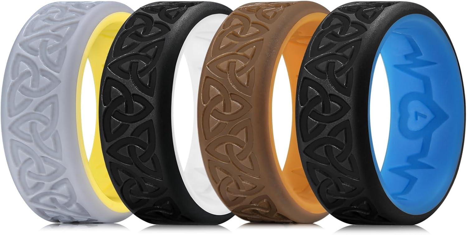 imageKing Will Silicone Wedding Rings For Men 4 Pack Rubber Wedding Bands with Celtic Knot Pattern 8mm Wide 22mm Thick Comfort Fit Size 12