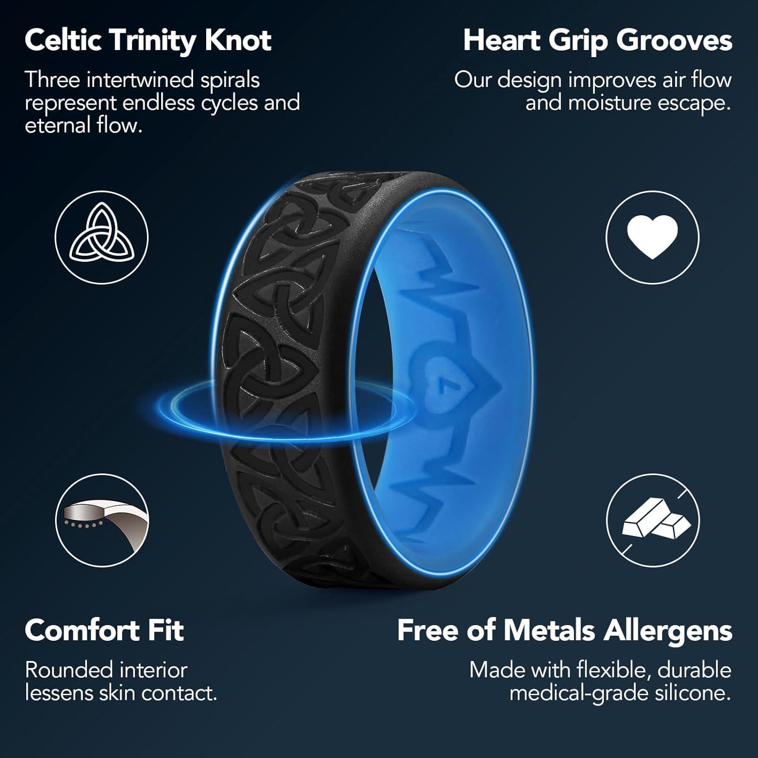 imageKing Will Silicone Wedding Rings For Men 4 Pack Rubber Wedding Bands with Celtic Knot Pattern 8mm Wide 22mm Thick Comfort Fit Size 13Black Blue