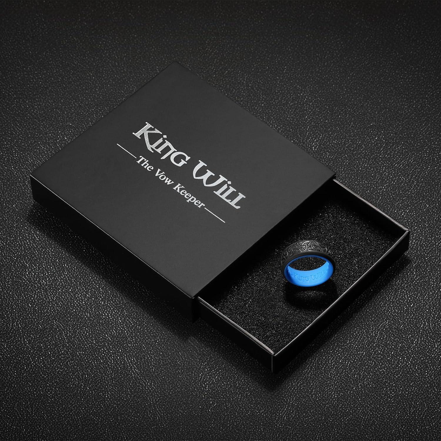 imageKing Will Silicone Wedding Rings For Men 4 Pack Rubber Wedding Bands with Celtic Knot Pattern 8mm Wide 22mm Thick Comfort Fit Size 13Black Blue New