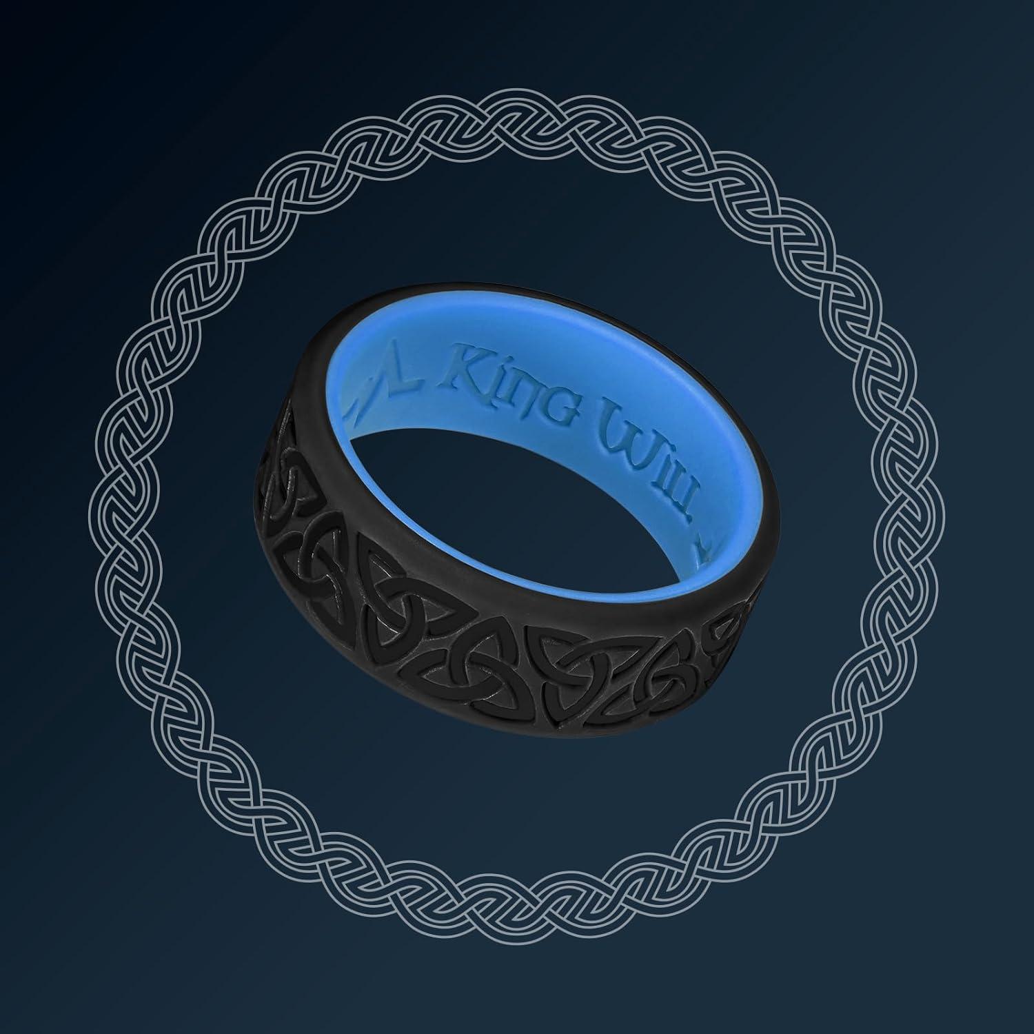 imageKing Will Silicone Wedding Rings For Men 4 Pack Rubber Wedding Bands with Celtic Knot Pattern 8mm Wide 22mm Thick Comfort Fit Size 13Black Blue New