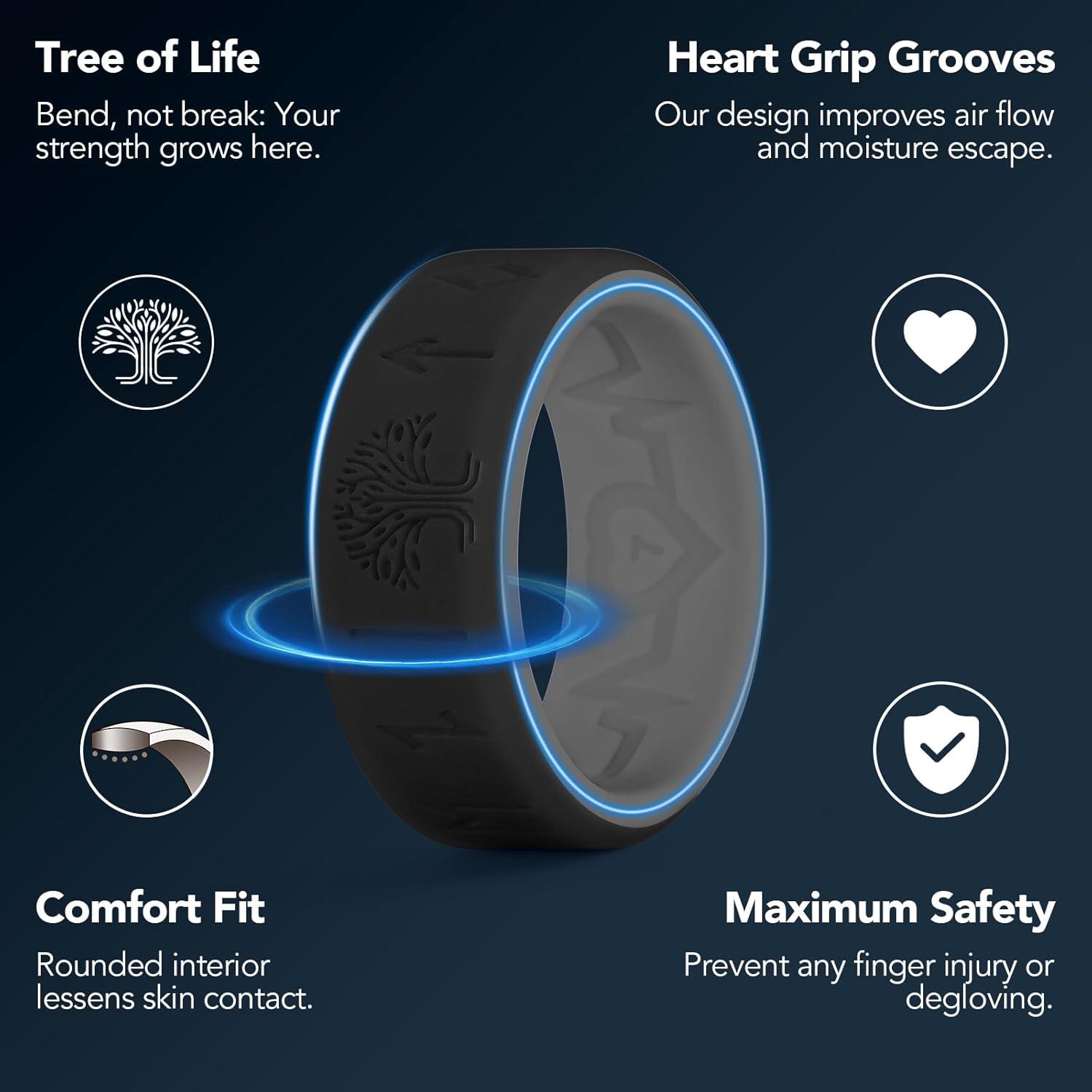 imageKing Will Silicone Wedding Rings For Men 4 Pack Rubber Wedding Bands with Celtic Knot Pattern 8mm Wide 22mm Thick Comfort Fit Size 13Black Grey