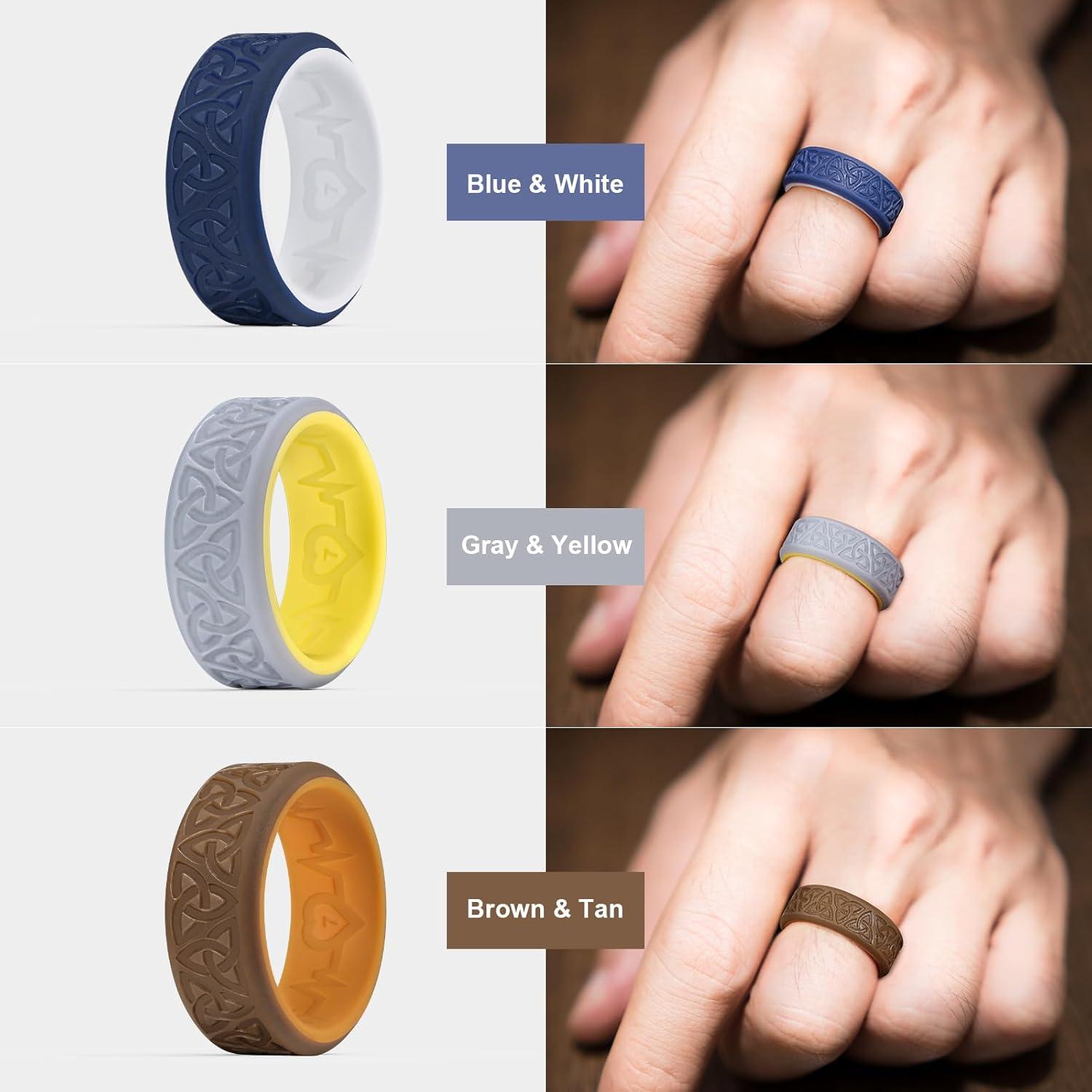 imageKing Will Silicone Wedding Rings For Men 4 Pack Rubber Wedding Bands with Celtic Knot Pattern 8mm Wide 22mm Thick Comfort Fit Size 13Black White Brown Chestnut yellow Gray Yellow Blue White Black Blue