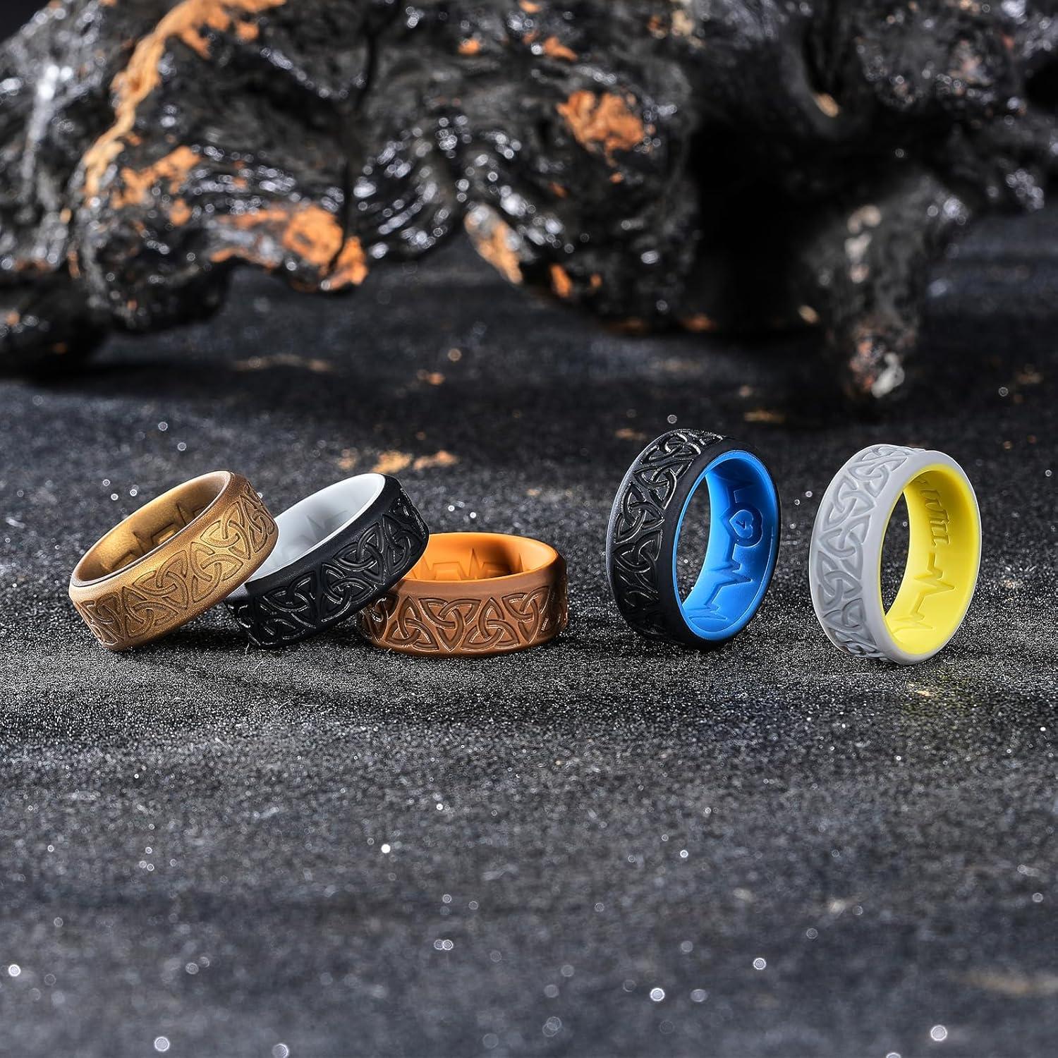imageKing Will Silicone Wedding Rings For Men 4 Pack Rubber Wedding Bands with Celtic Knot Pattern 8mm Wide 22mm Thick Comfort Fit Size 13Black White Brown Chestnut yellow Gray Yellow Blue White Black Blue