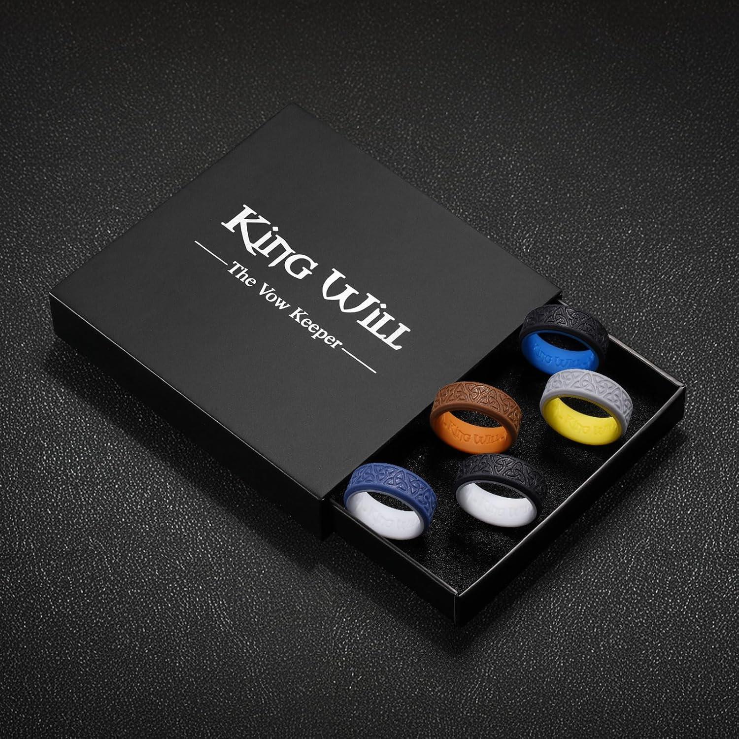 imageKing Will Silicone Wedding Rings For Men 4 Pack Rubber Wedding Bands with Celtic Knot Pattern 8mm Wide 22mm Thick Comfort Fit Size 13Black White Brown Chestnut yellow Gray Yellow Blue White Black Blue