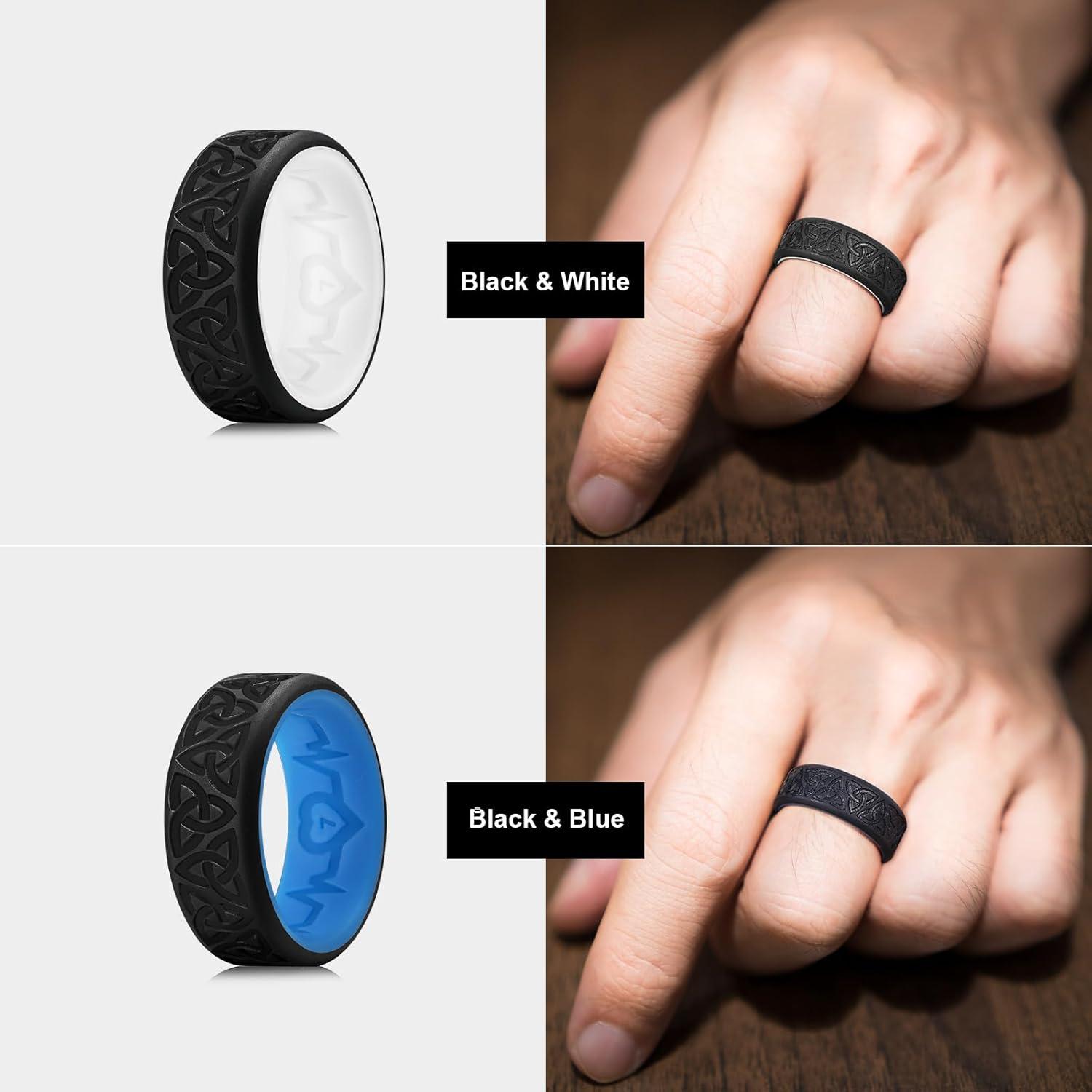 imageKing Will Silicone Wedding Rings For Men 4 Pack Rubber Wedding Bands with Celtic Knot Pattern 8mm Wide 22mm Thick Comfort Fit Size 13Black White Brown Chestnut yellow Gray Yellow Blue White Black Blue