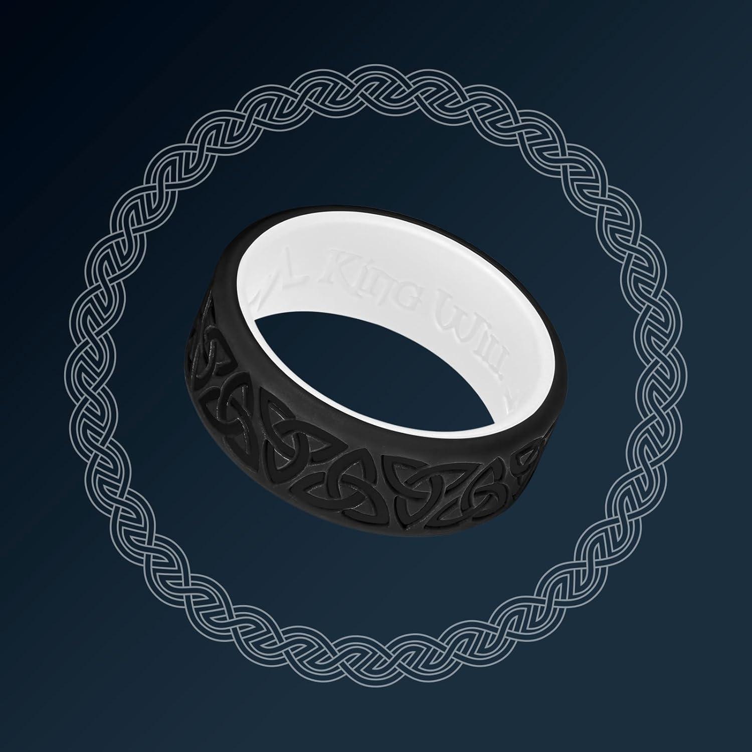 imageKing Will Silicone Wedding Rings For Men 4 Pack Rubber Wedding Bands with Celtic Knot Pattern 8mm Wide 22mm Thick Comfort Fit Size 13Black White