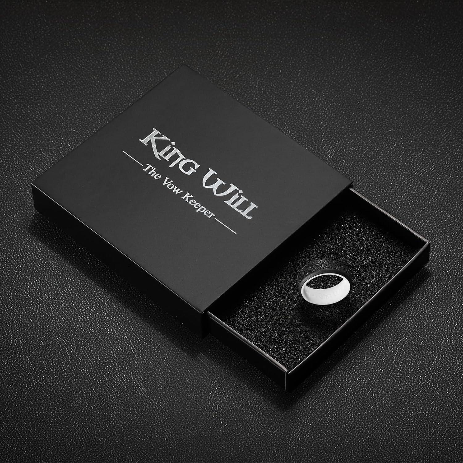 imageKing Will Silicone Wedding Rings For Men 4 Pack Rubber Wedding Bands with Celtic Knot Pattern 8mm Wide 22mm Thick Comfort Fit Size 13Black White