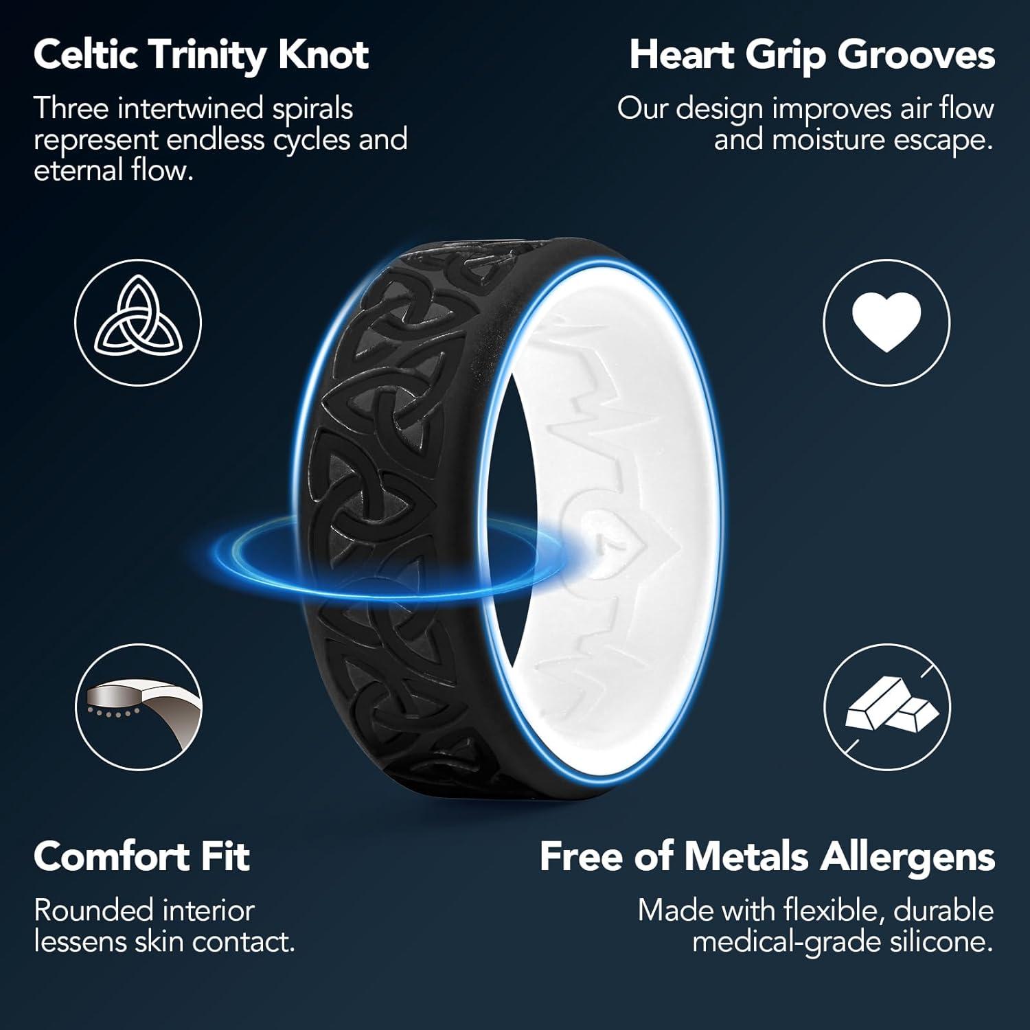 imageKing Will Silicone Wedding Rings For Men 4 Pack Rubber Wedding Bands with Celtic Knot Pattern 8mm Wide 22mm Thick Comfort Fit Size 13Black White