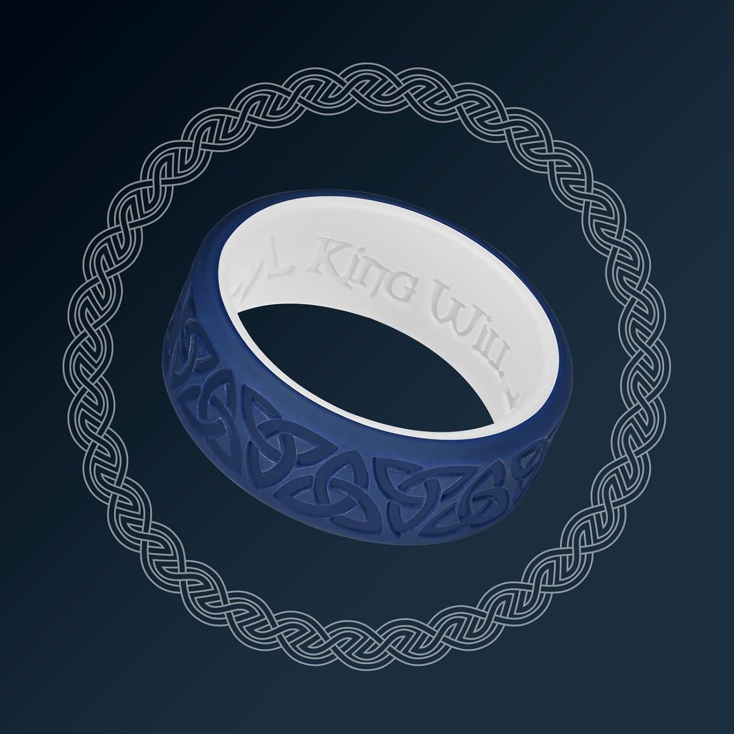 imageKing Will Silicone Wedding Rings For Men 4 Pack Rubber Wedding Bands with Celtic Knot Pattern 8mm Wide 22mm Thick Comfort Fit Size 13Blue White