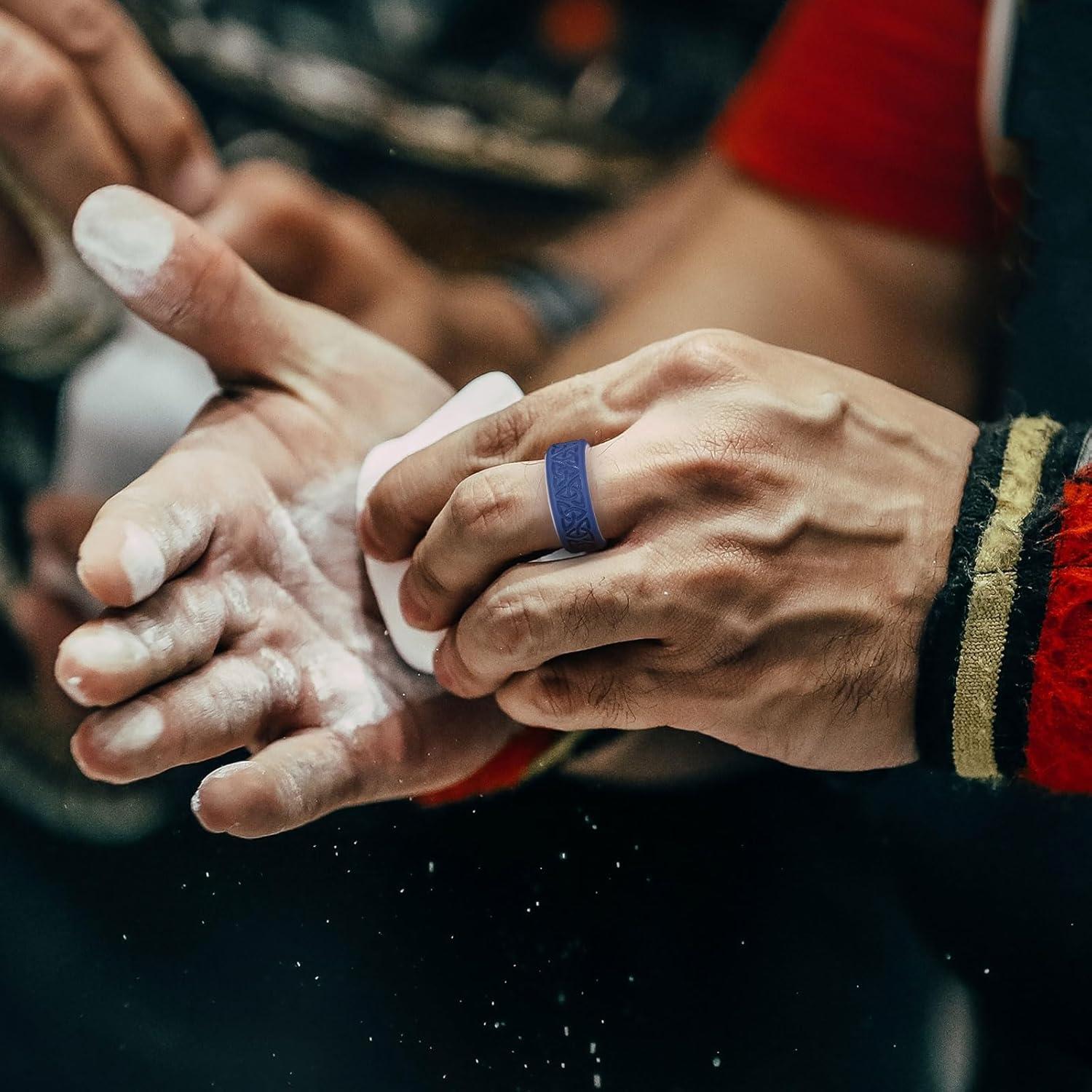 imageKing Will Silicone Wedding Rings For Men 4 Pack Rubber Wedding Bands with Celtic Knot Pattern 8mm Wide 22mm Thick Comfort Fit Size 13Blue White