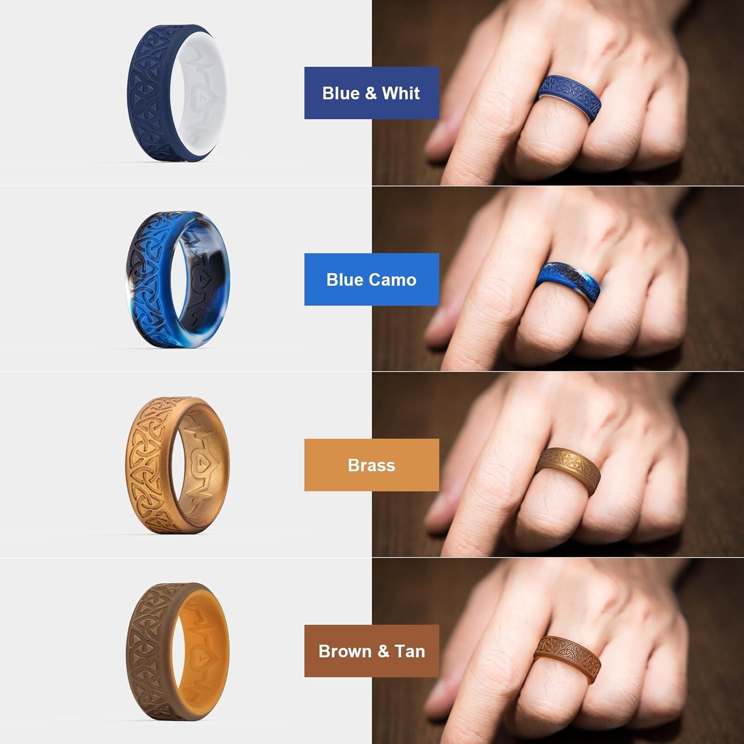 imageKing Will Silicone Wedding Rings For Men 4 Pack Rubber Wedding Bands with Celtic Knot Pattern 8mm Wide 22mm Thick Comfort Fit Size 13Blue Camouflage BlueWhite Metallic copper Brown Chestnut yellow
