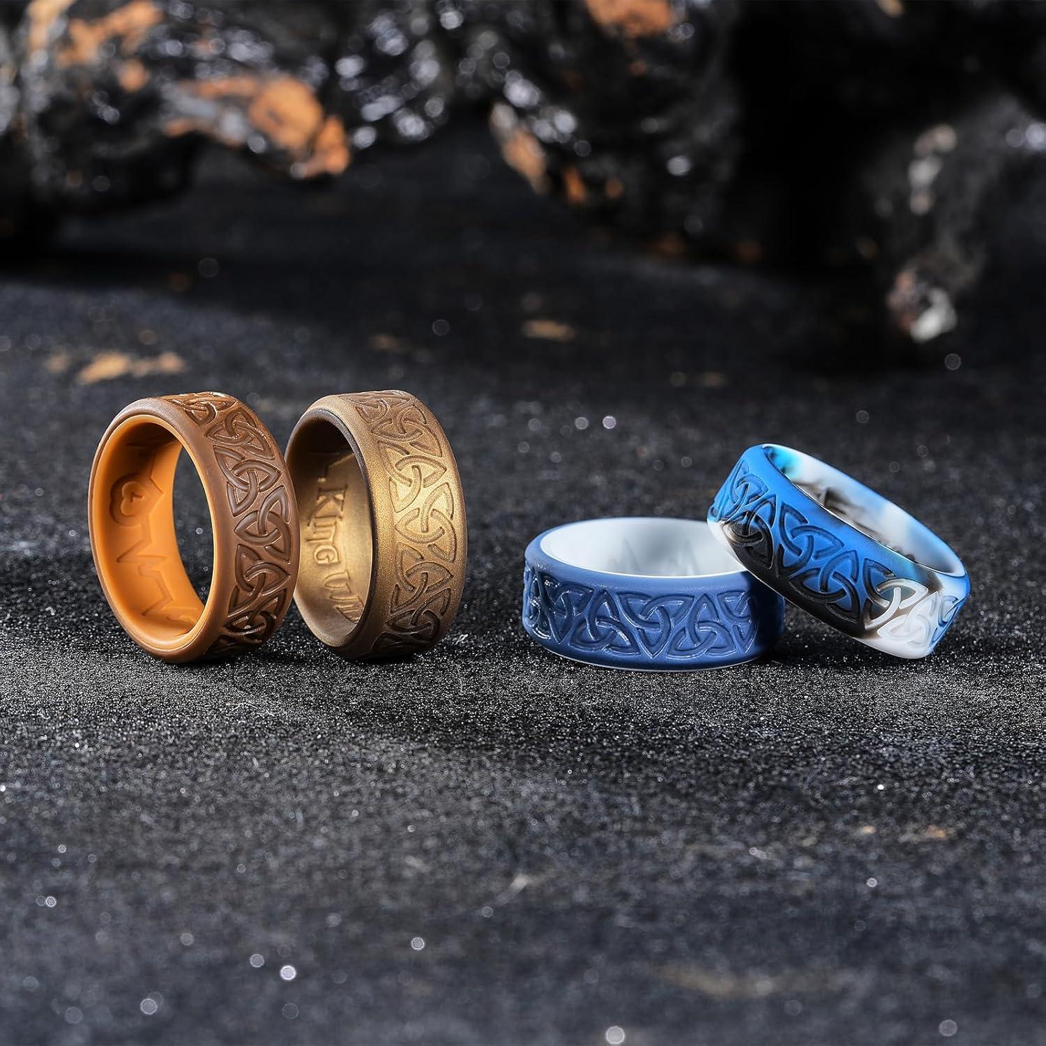 imageKing Will Silicone Wedding Rings For Men 4 Pack Rubber Wedding Bands with Celtic Knot Pattern 8mm Wide 22mm Thick Comfort Fit Size 13Blue Camouflage BlueWhite Metallic copper Brown Chestnut yellow