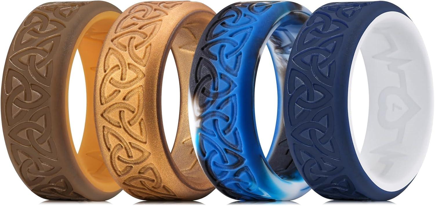 imageKing Will Silicone Wedding Rings For Men 4 Pack Rubber Wedding Bands with Celtic Knot Pattern 8mm Wide 22mm Thick Comfort Fit Size 13Blue Camouflage BlueWhite Metallic copper Brown Chestnut yellow