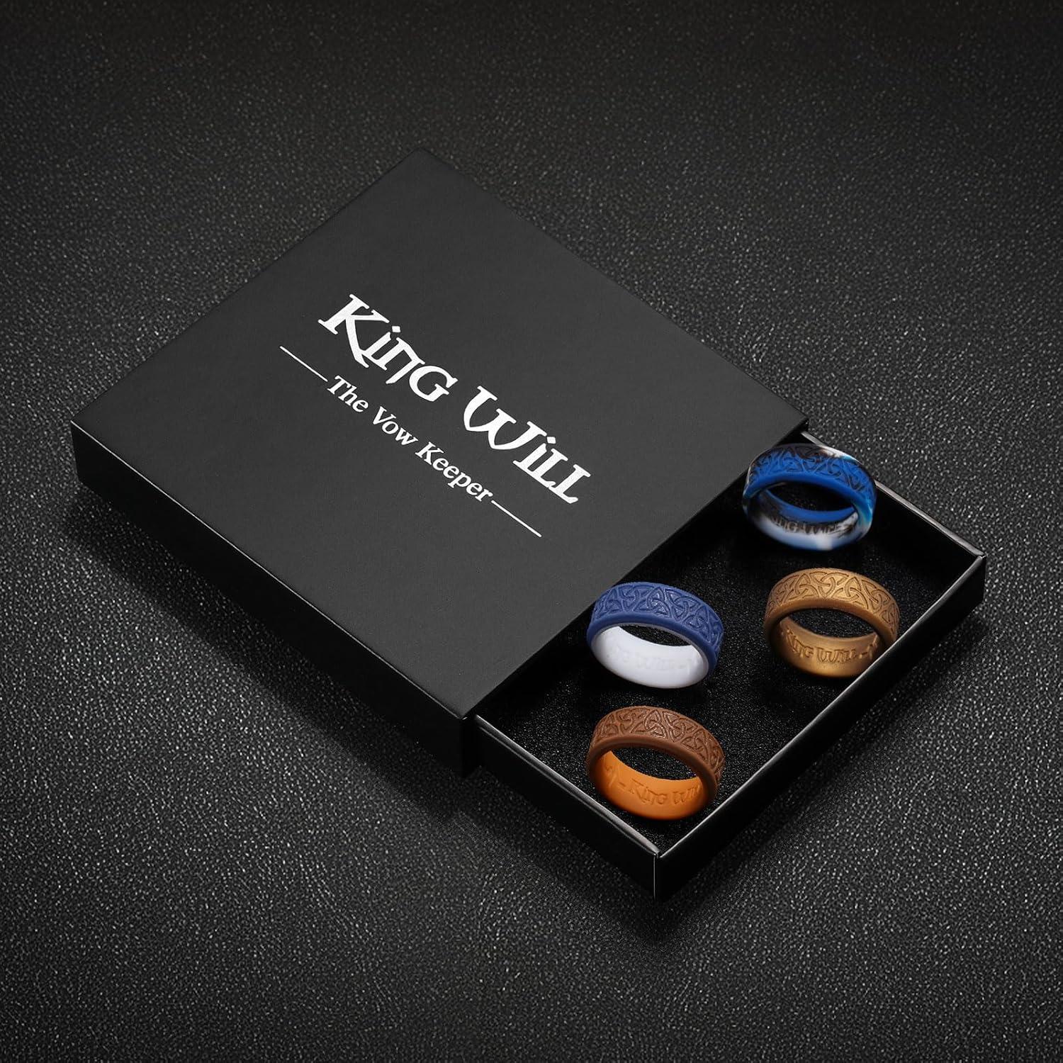 imageKing Will Silicone Wedding Rings For Men 4 Pack Rubber Wedding Bands with Celtic Knot Pattern 8mm Wide 22mm Thick Comfort Fit Size 13Blue Camouflage BlueWhite Metallic copper Brown Chestnut yellow