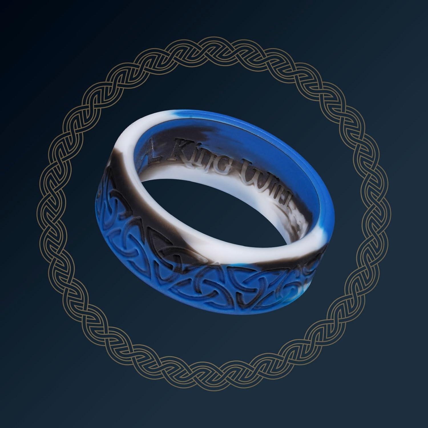 imageKing Will Silicone Wedding Rings For Men 4 Pack Rubber Wedding Bands with Celtic Knot Pattern 8mm Wide 22mm Thick Comfort Fit Size 13Blue Camouflage