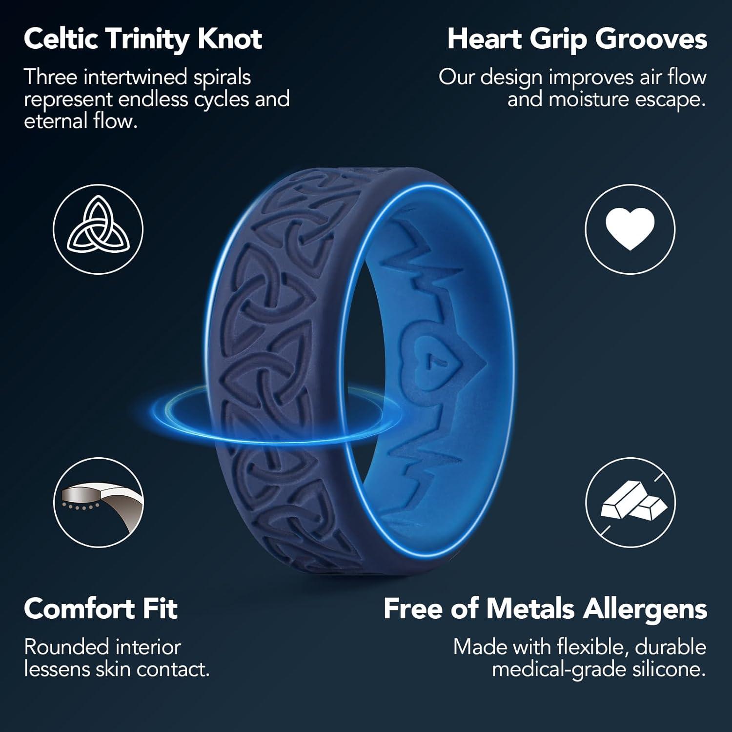 imageKing Will Silicone Wedding Rings For Men 4 Pack Rubber Wedding Bands with Celtic Knot Pattern 8mm Wide 22mm Thick Comfort Fit Size 13Blue TwoTone