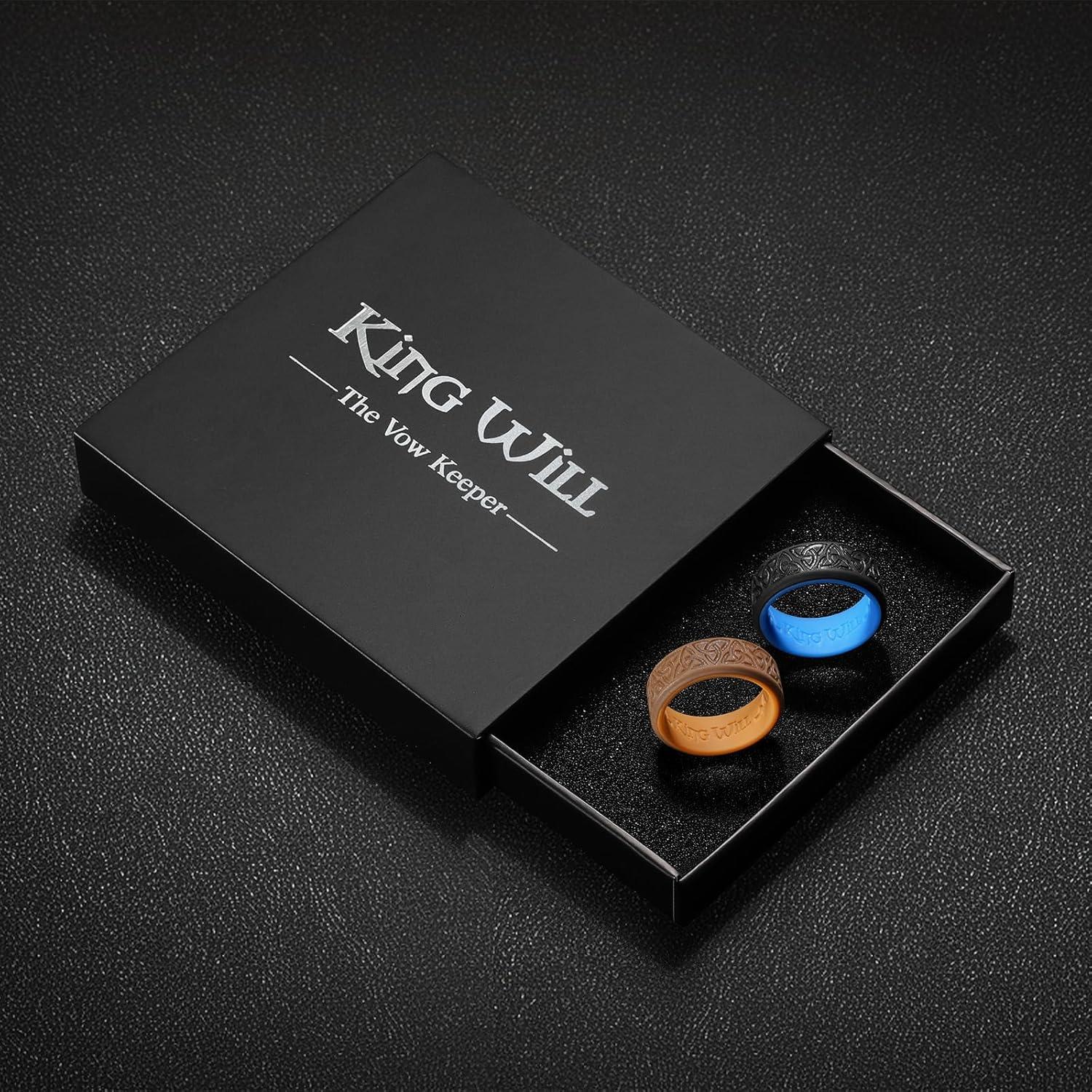 imageKing Will Silicone Wedding Rings For Men 4 Pack Rubber Wedding Bands with Celtic Knot Pattern 8mm Wide 22mm Thick Comfort Fit Size 13Brown Black Blue