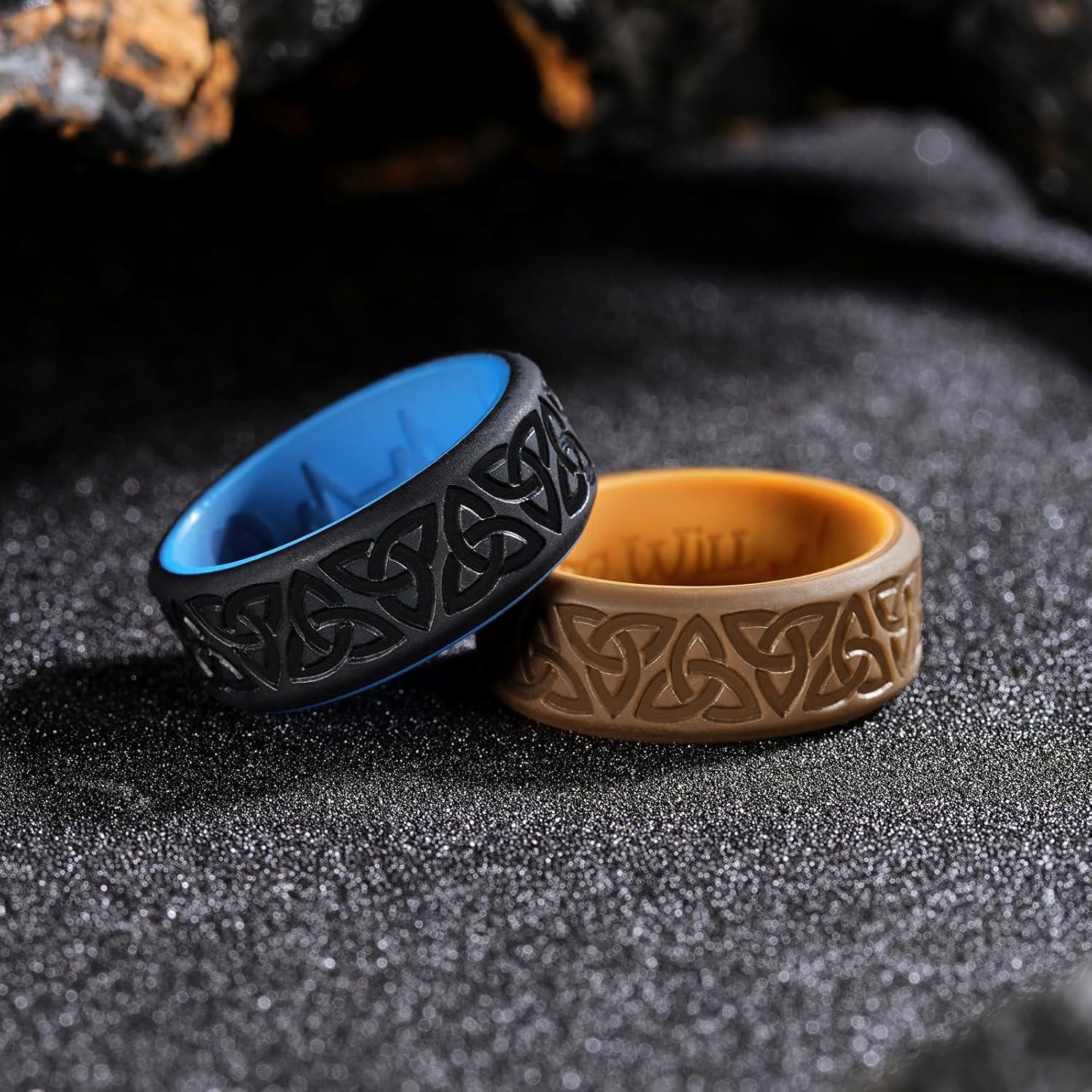 imageKing Will Silicone Wedding Rings For Men 4 Pack Rubber Wedding Bands with Celtic Knot Pattern 8mm Wide 22mm Thick Comfort Fit Size 13Brown Black Blue