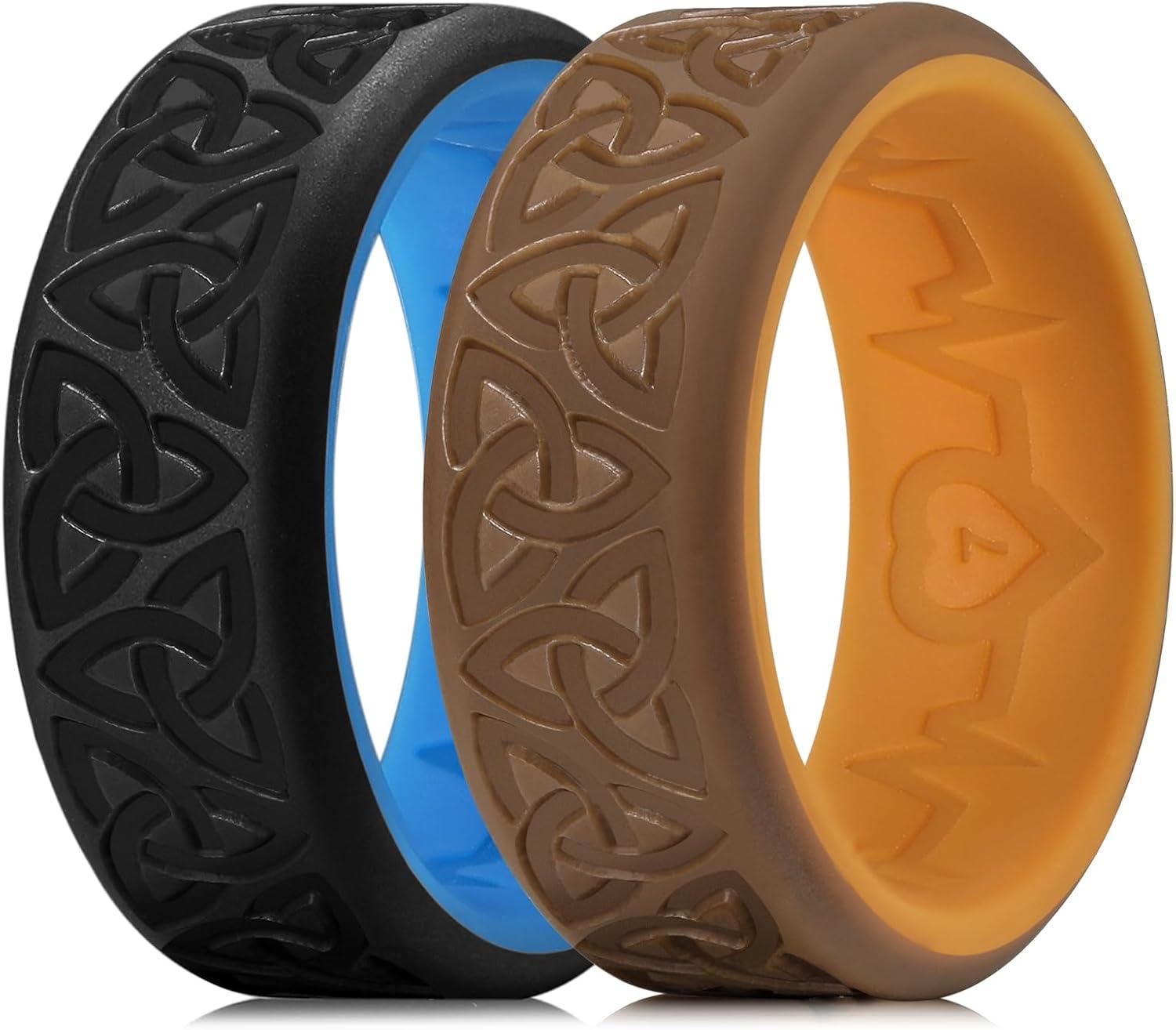 imageKing Will Silicone Wedding Rings For Men 4 Pack Rubber Wedding Bands with Celtic Knot Pattern 8mm Wide 22mm Thick Comfort Fit Size 13Brown Black Blue