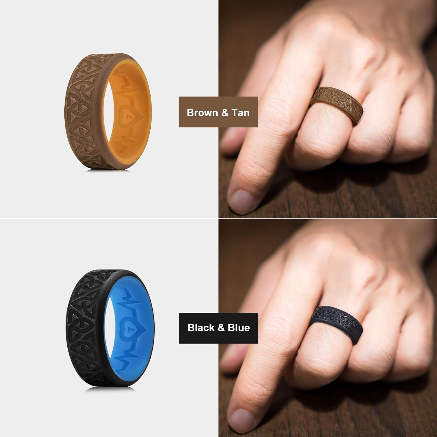 imageKing Will Silicone Wedding Rings For Men 4 Pack Rubber Wedding Bands with Celtic Knot Pattern 8mm Wide 22mm Thick Comfort Fit Size 13Brown Black Blue