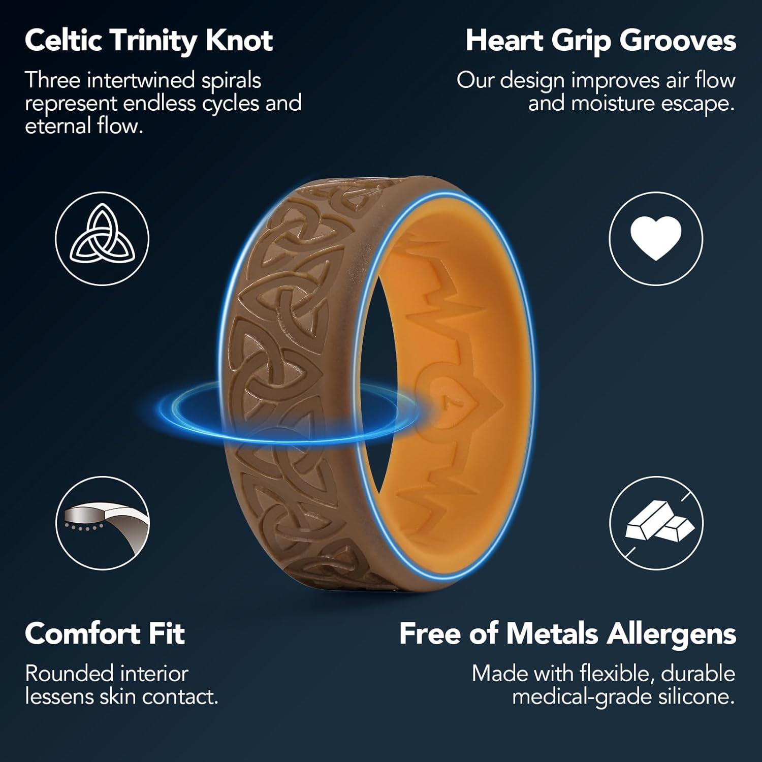 imageKing Will Silicone Wedding Rings For Men 4 Pack Rubber Wedding Bands with Celtic Knot Pattern 8mm Wide 22mm Thick Comfort Fit Size 13Brown