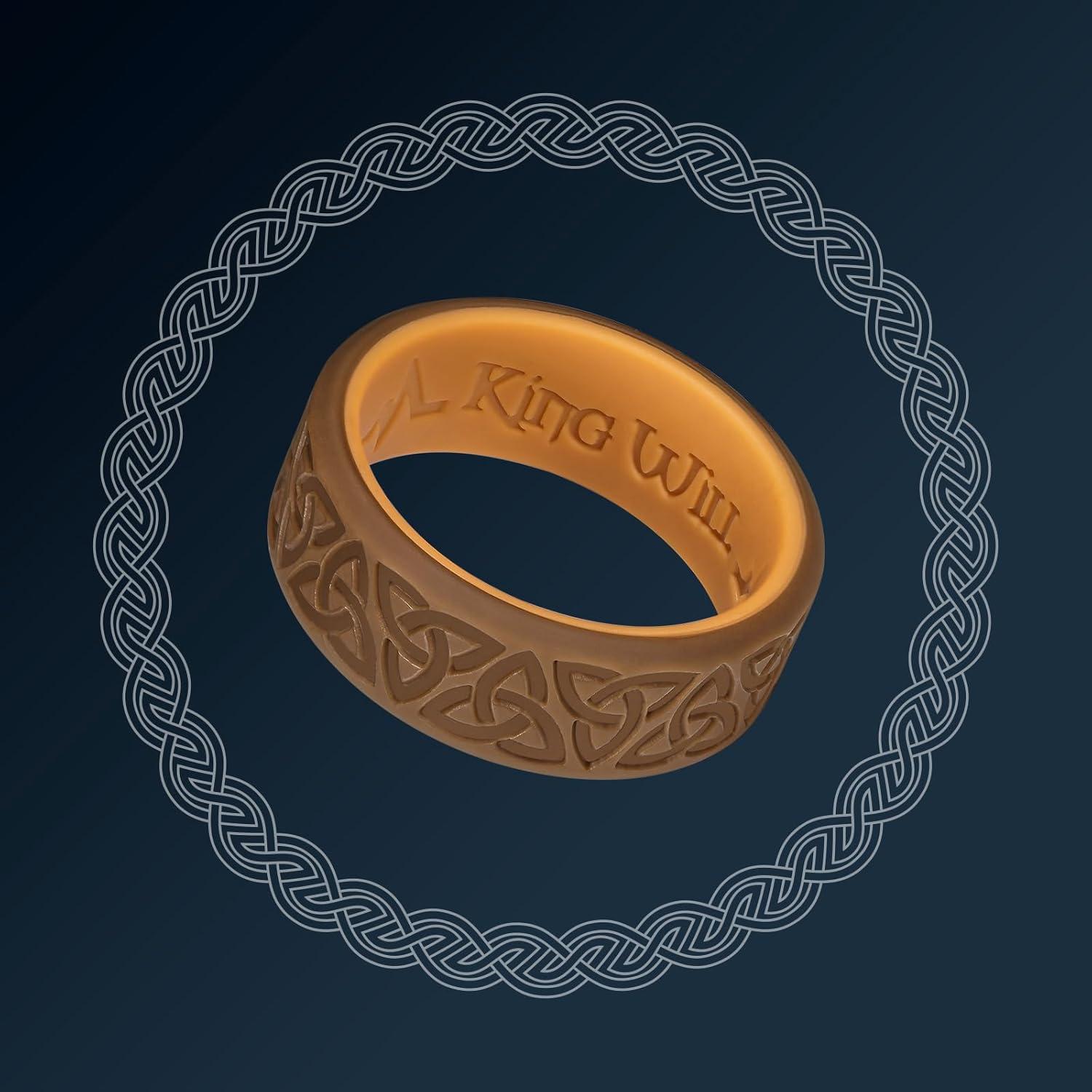 imageKing Will Silicone Wedding Rings For Men 4 Pack Rubber Wedding Bands with Celtic Knot Pattern 8mm Wide 22mm Thick Comfort Fit Size 13Brown