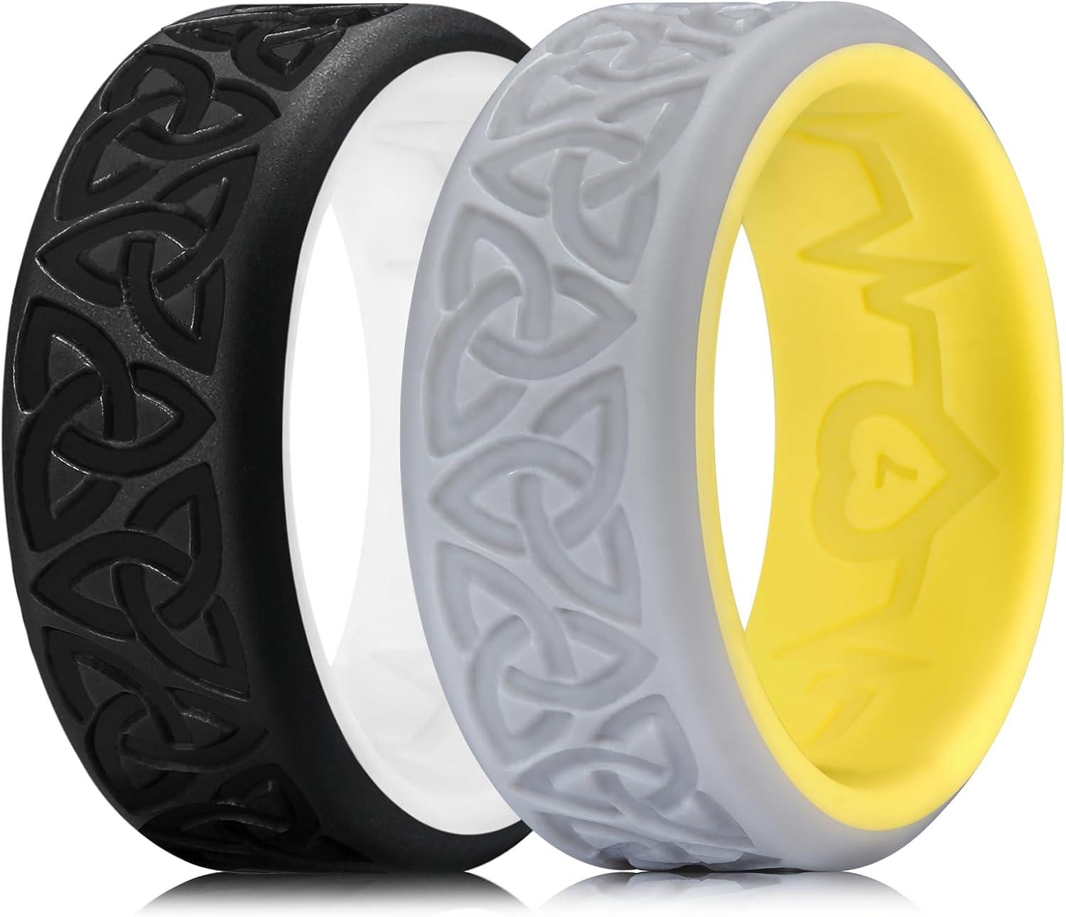 imageKing Will Silicone Wedding Rings For Men 4 Pack Rubber Wedding Bands with Celtic Knot Pattern 8mm Wide 22mm Thick Comfort Fit Size 13Gray Yellow Black White