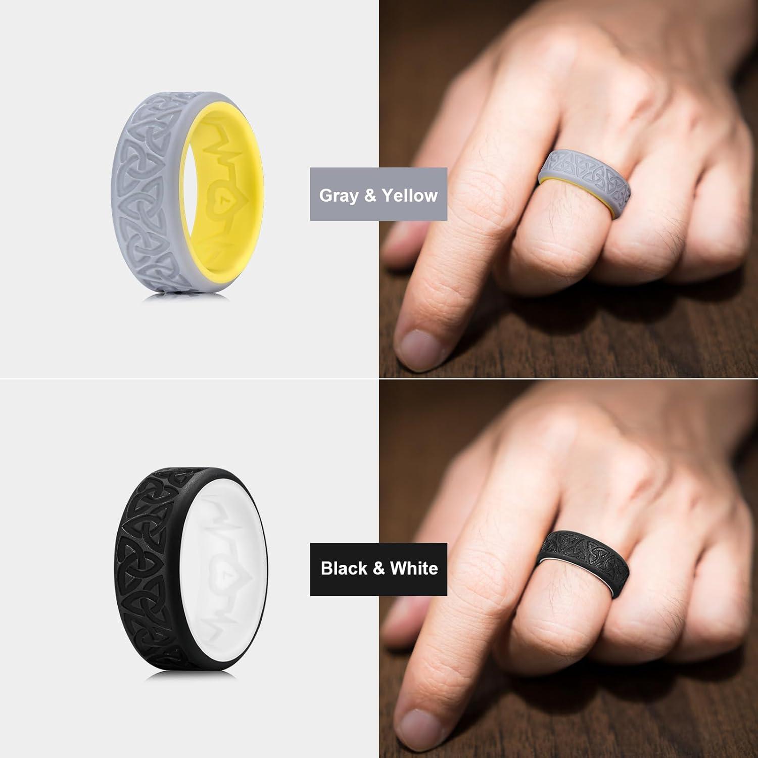 imageKing Will Silicone Wedding Rings For Men 4 Pack Rubber Wedding Bands with Celtic Knot Pattern 8mm Wide 22mm Thick Comfort Fit Size 13Gray Yellow Black White