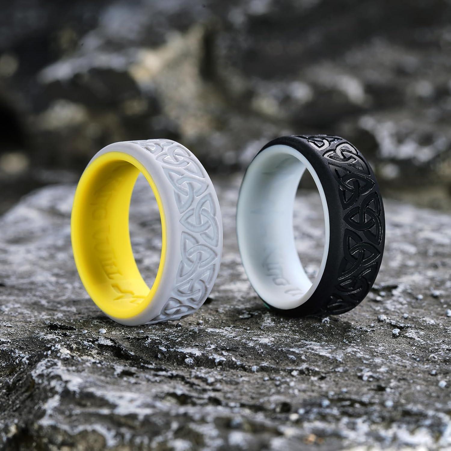 imageKing Will Silicone Wedding Rings For Men 4 Pack Rubber Wedding Bands with Celtic Knot Pattern 8mm Wide 22mm Thick Comfort Fit Size 13Gray Yellow Black White