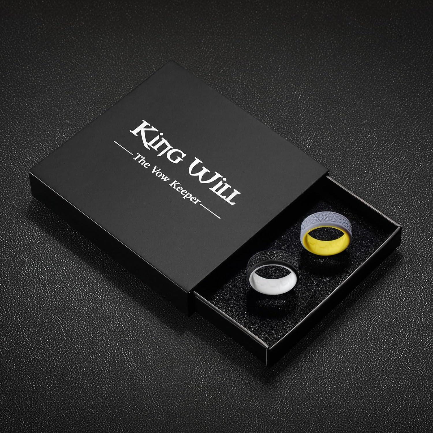 imageKing Will Silicone Wedding Rings For Men 4 Pack Rubber Wedding Bands with Celtic Knot Pattern 8mm Wide 22mm Thick Comfort Fit Size 13Gray Yellow Black White