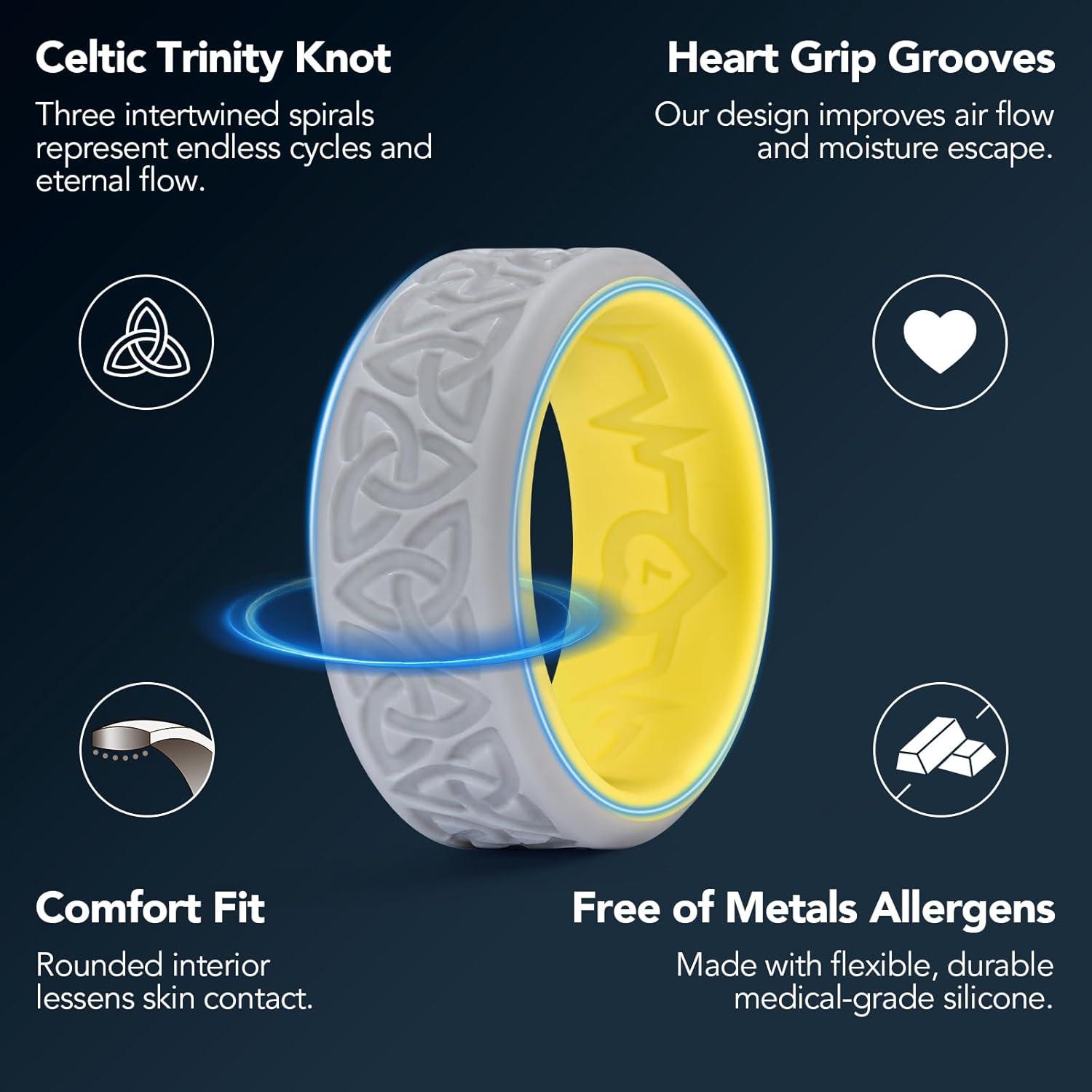 imageKing Will Silicone Wedding Rings For Men 4 Pack Rubber Wedding Bands with Celtic Knot Pattern 8mm Wide 22mm Thick Comfort Fit Size 13Gray Yellow