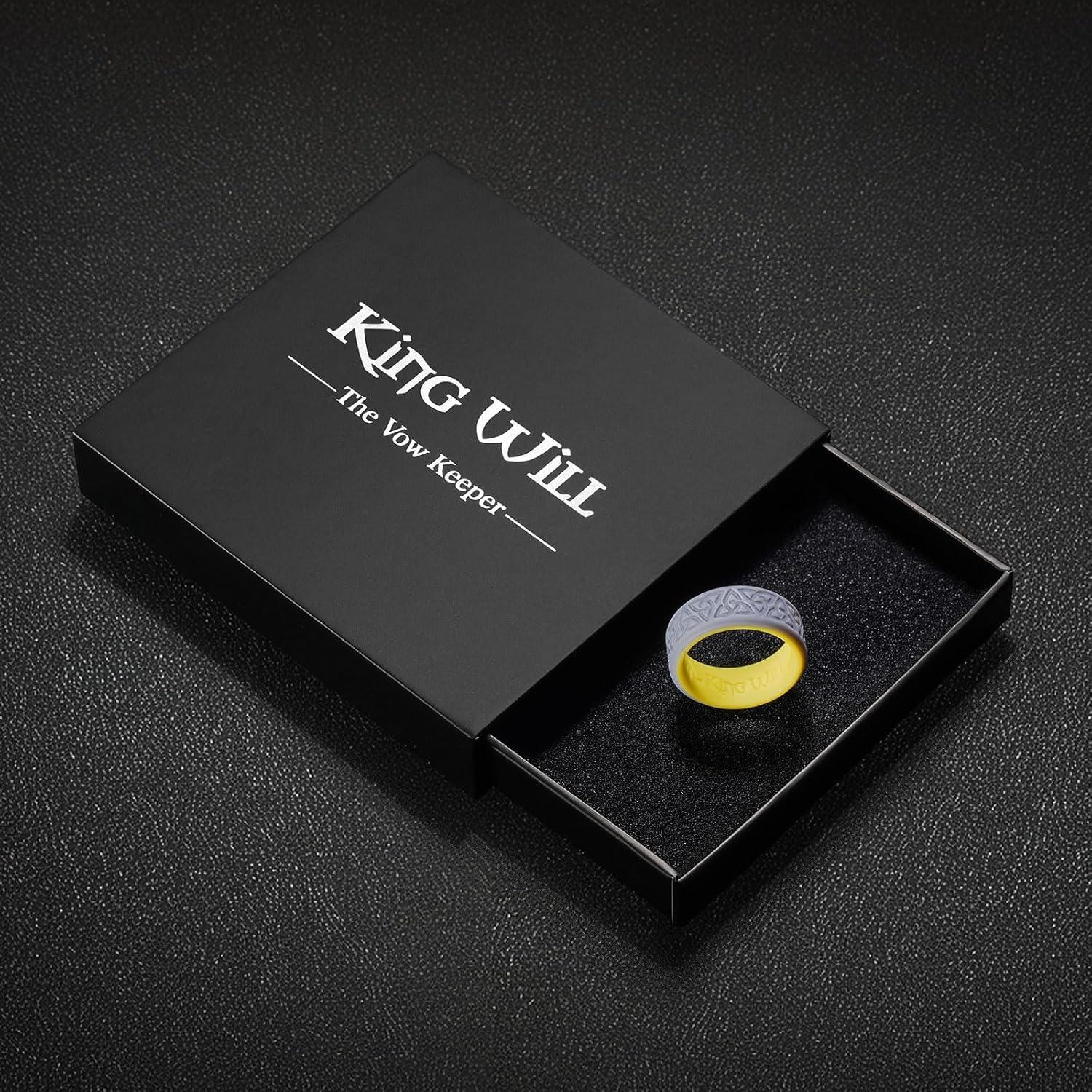 imageKing Will Silicone Wedding Rings For Men 4 Pack Rubber Wedding Bands with Celtic Knot Pattern 8mm Wide 22mm Thick Comfort Fit Size 13Gray Yellow