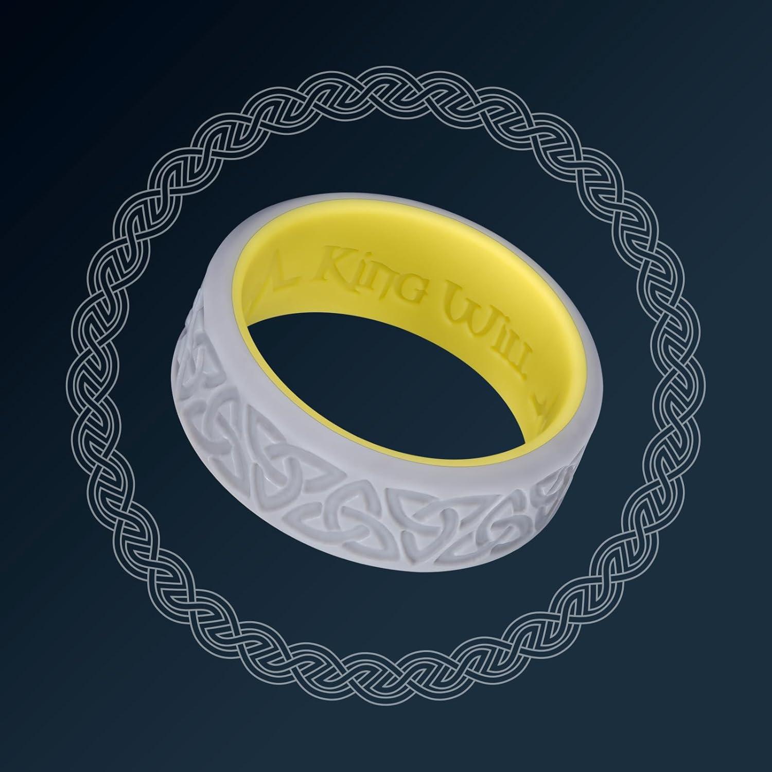 imageKing Will Silicone Wedding Rings For Men 4 Pack Rubber Wedding Bands with Celtic Knot Pattern 8mm Wide 22mm Thick Comfort Fit Size 13Gray Yellow